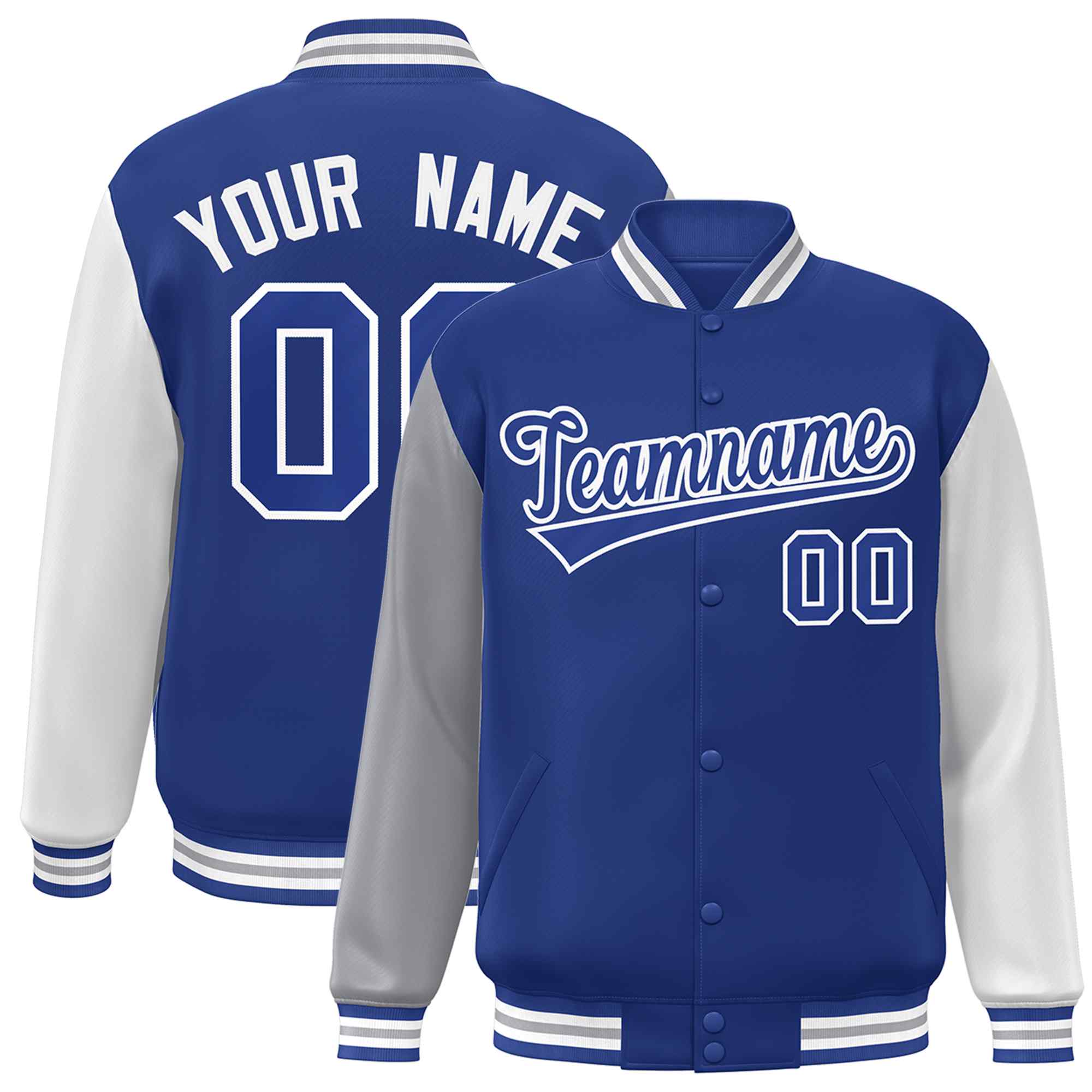 Custom Royal Royal-White Raglan Sleeves Varsity Full-Snap Letterman Jacket