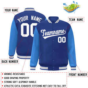 Veste Letterman Varsity Full-Snap à manches raglan blanches royales personnalisées