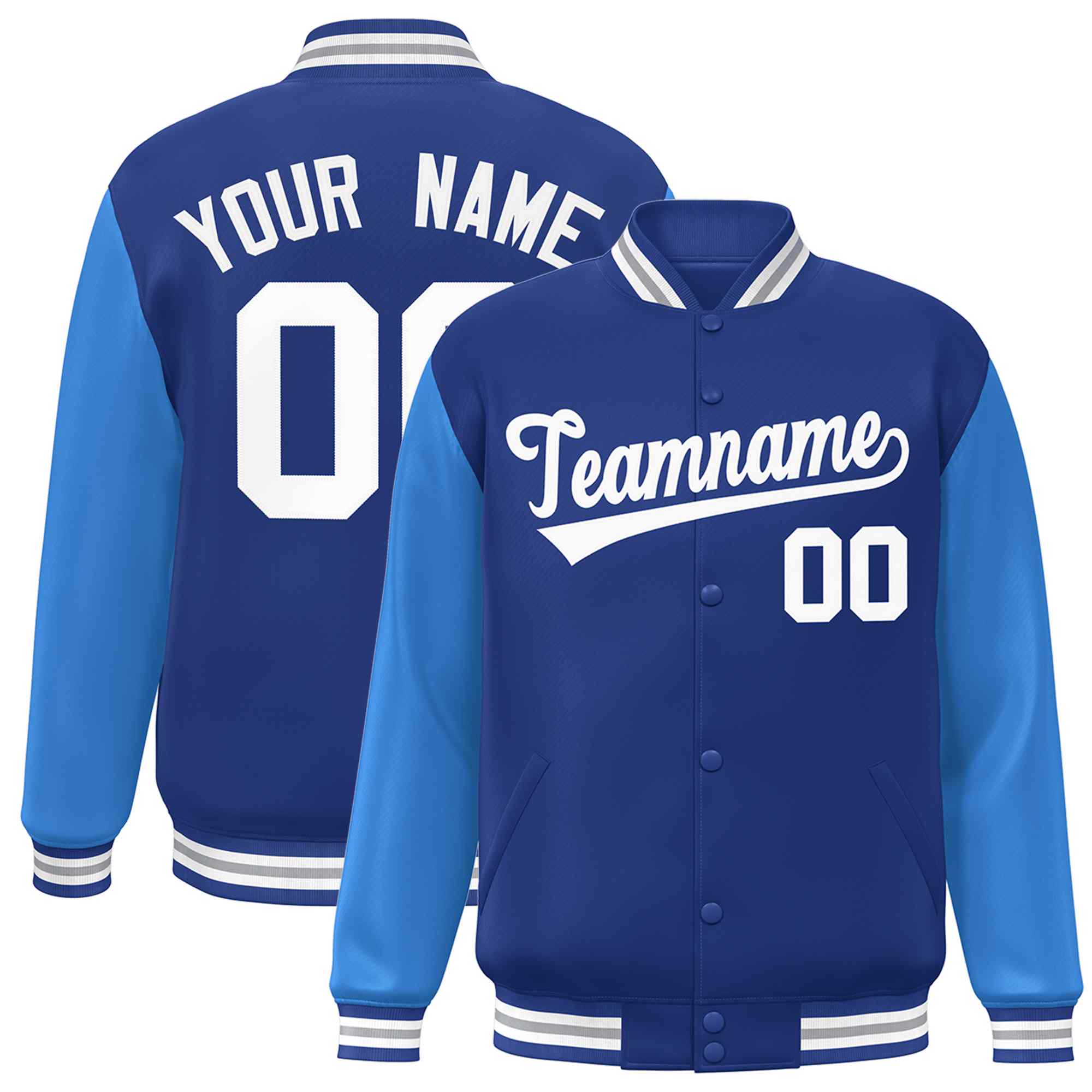 Custom Royal White Raglan Sleeves Varsity Full-Snap Letterman Jacket