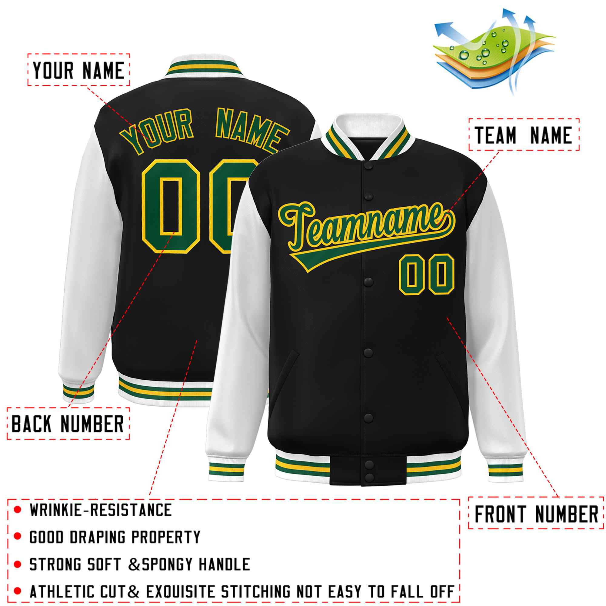 Veste Letterman Varsity Full-Snap à manches raglan personnalisées noir vert-or