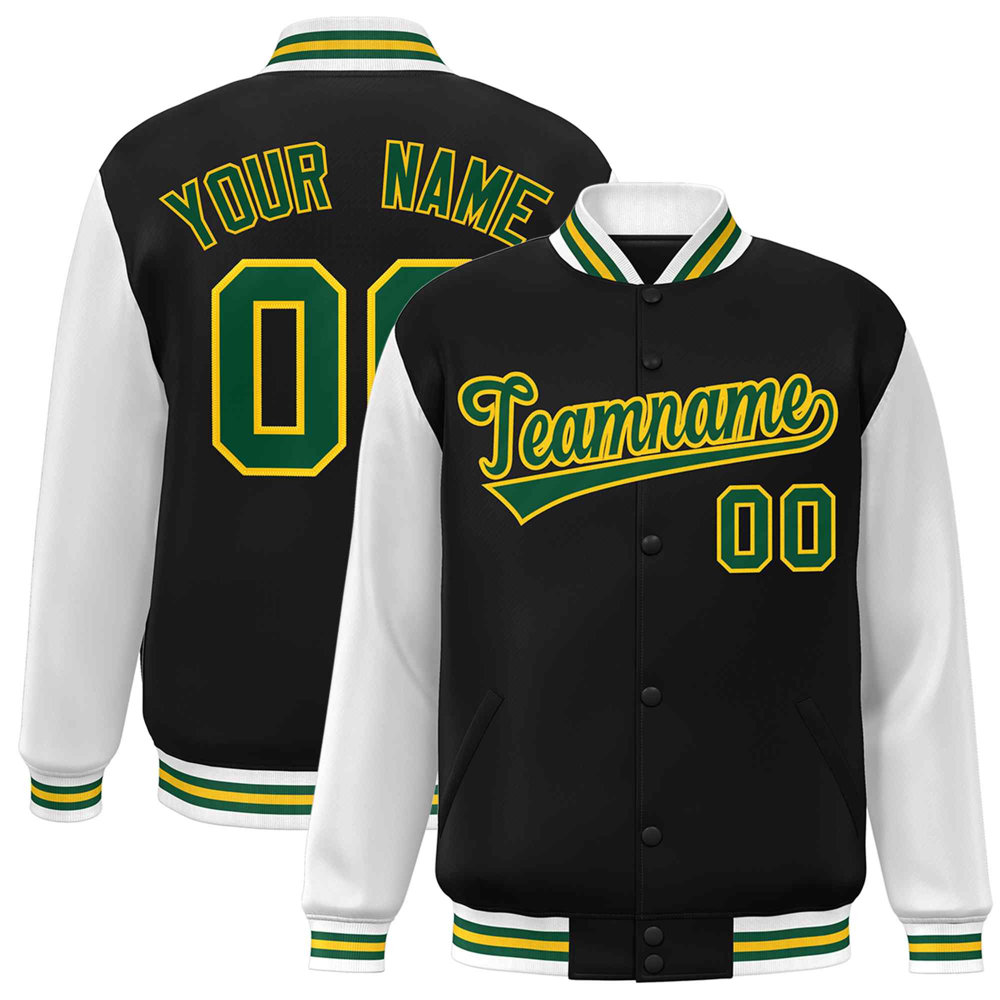 Custom Black Green-Gold Raglan Sleeves Varsity Full-Snap Letterman Jacket