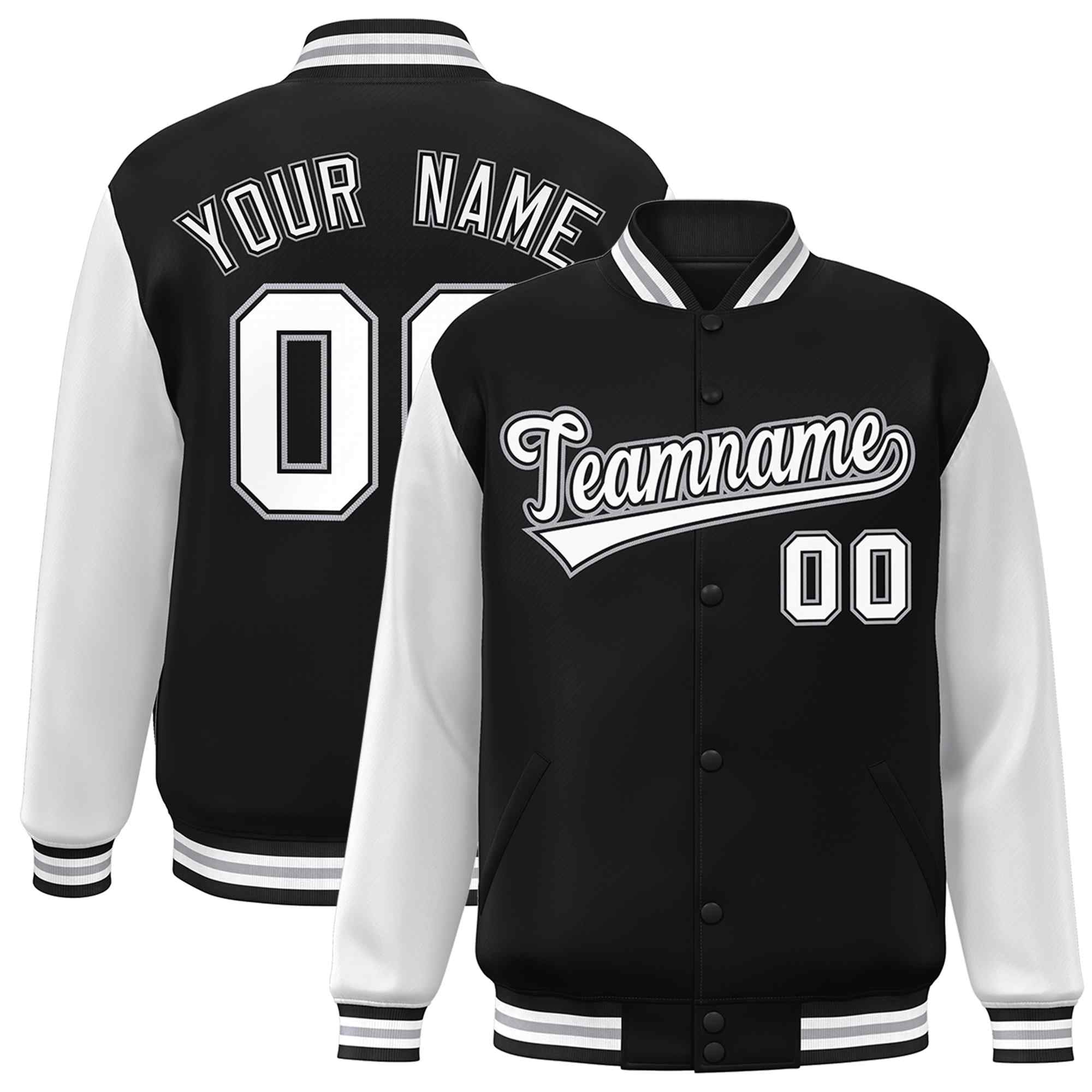 Veste Letterman Varsity Full-Snap à manches raglan personnalisées noir blanc-noir