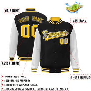 Veste Letterman Varsity Full-Snap à manches raglan personnalisées noir or-noir