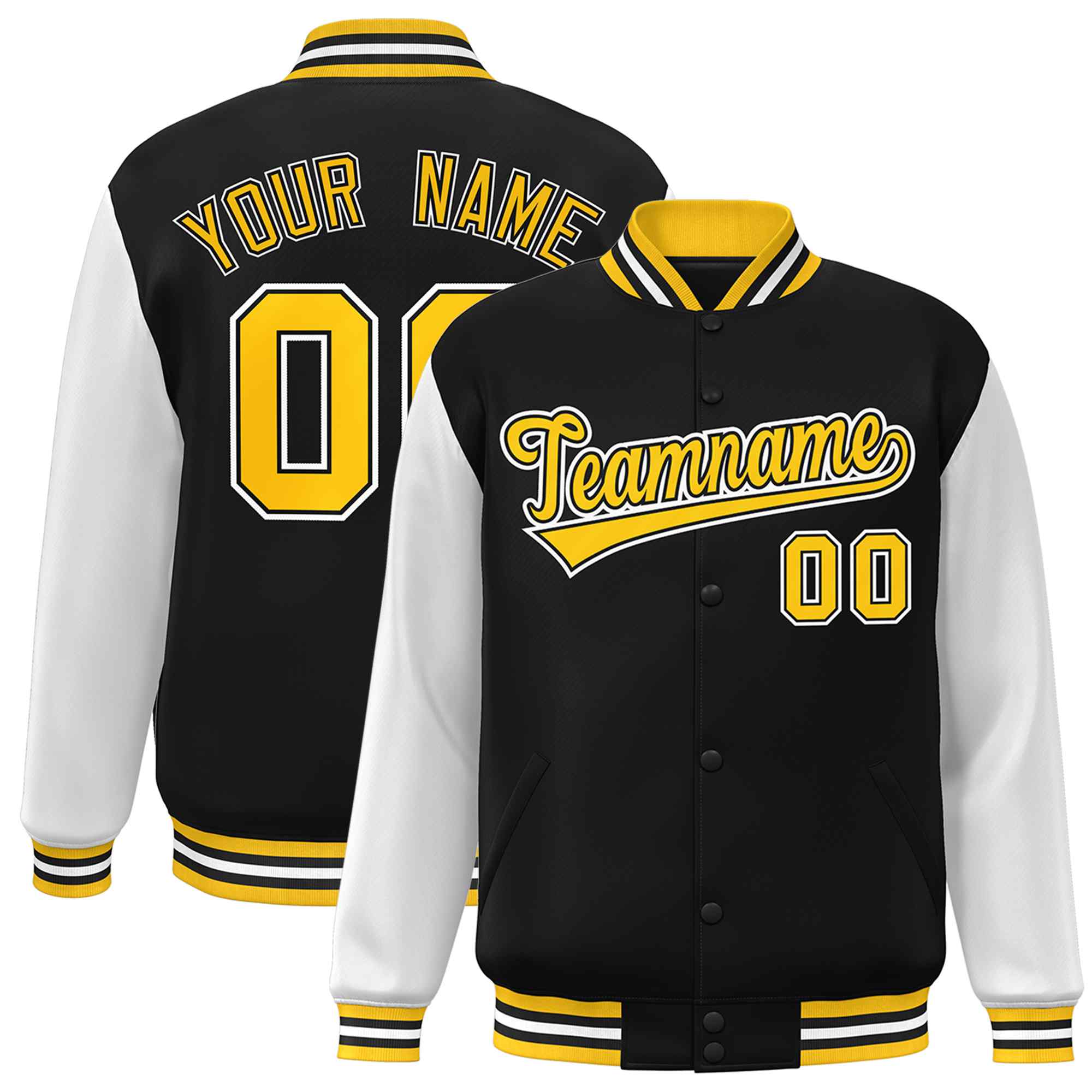 Custom Black Gold-Black Raglan Sleeves Varsity Full-Snap Letterman Jacket