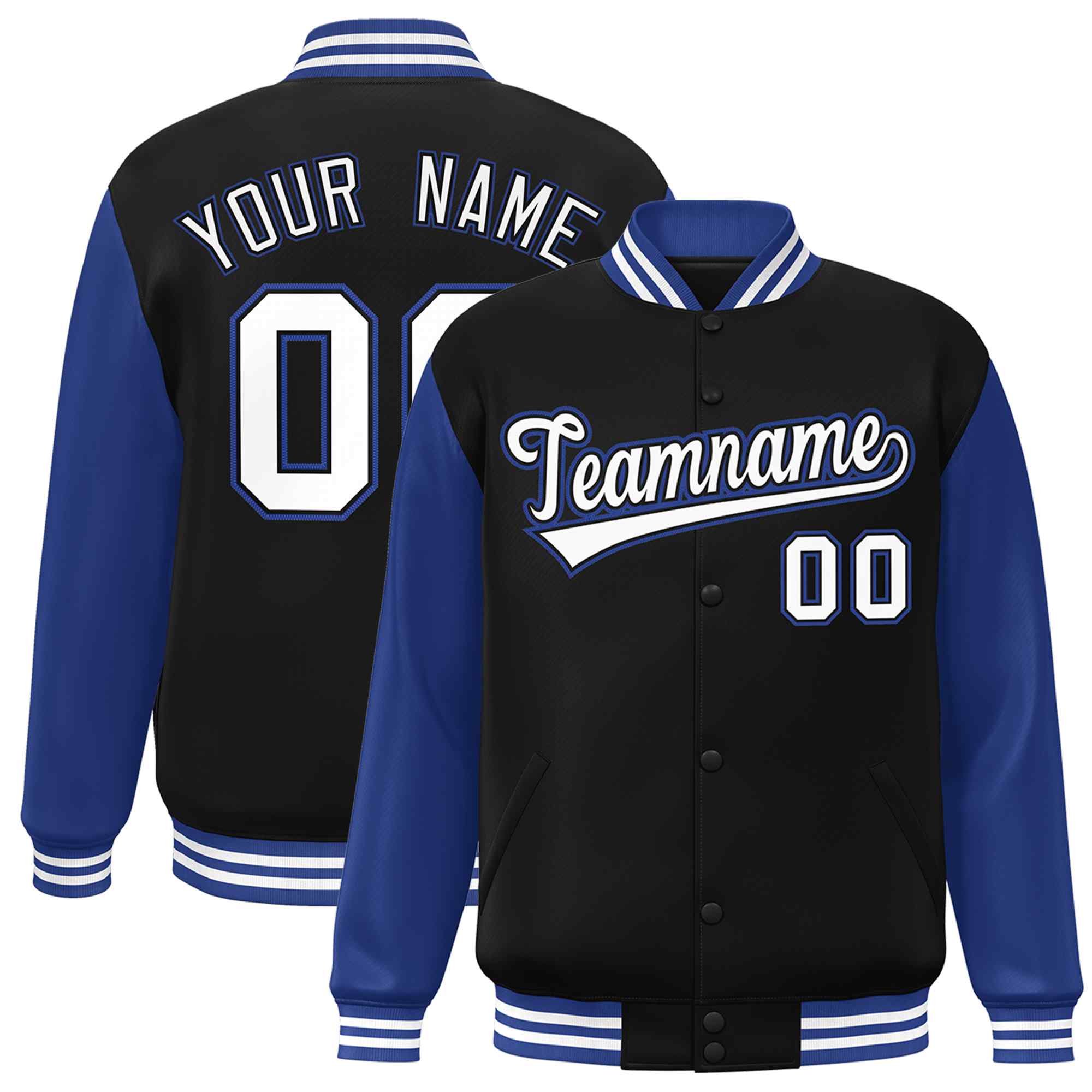 Custom Black White-Black Raglan Sleeves Varsity Full-Snap Letterman Jacket