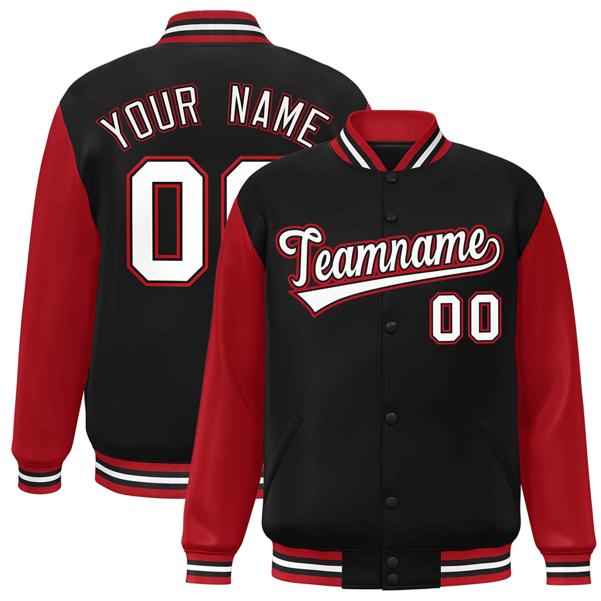 Veste Letterman Varsity Full-Snap à manches raglan personnalisées noir blanc-noir