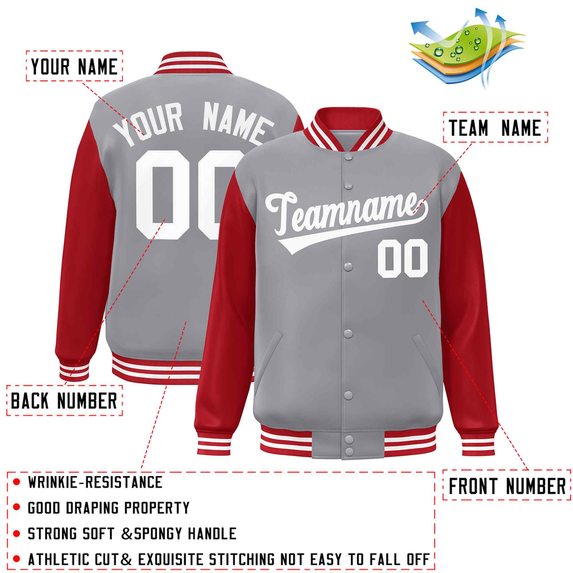 Veste Letterman Varsity Full-Snap à manches raglan blanches et grises personnalisées