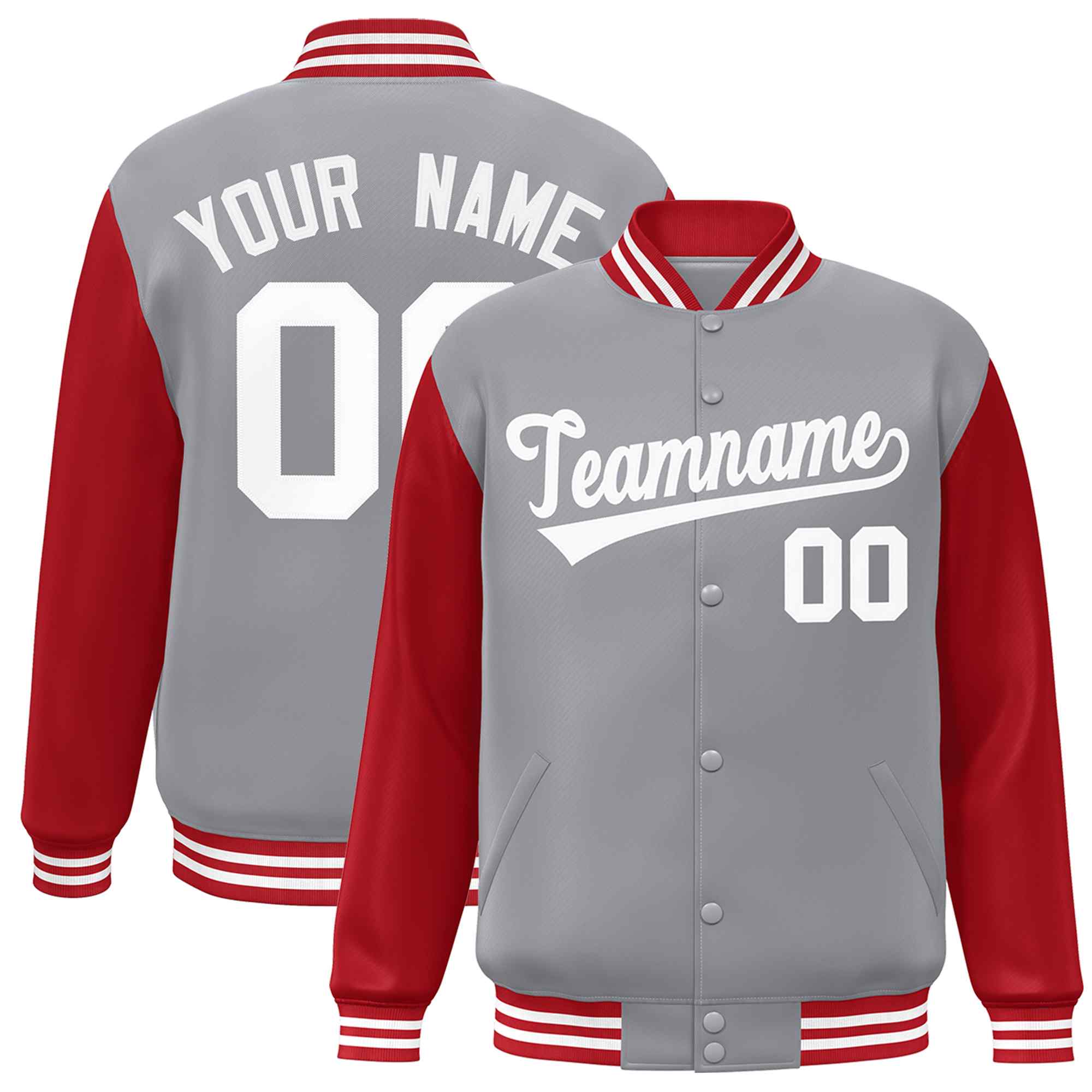 Veste Letterman Varsity Full-Snap à manches raglan blanches et grises personnalisées