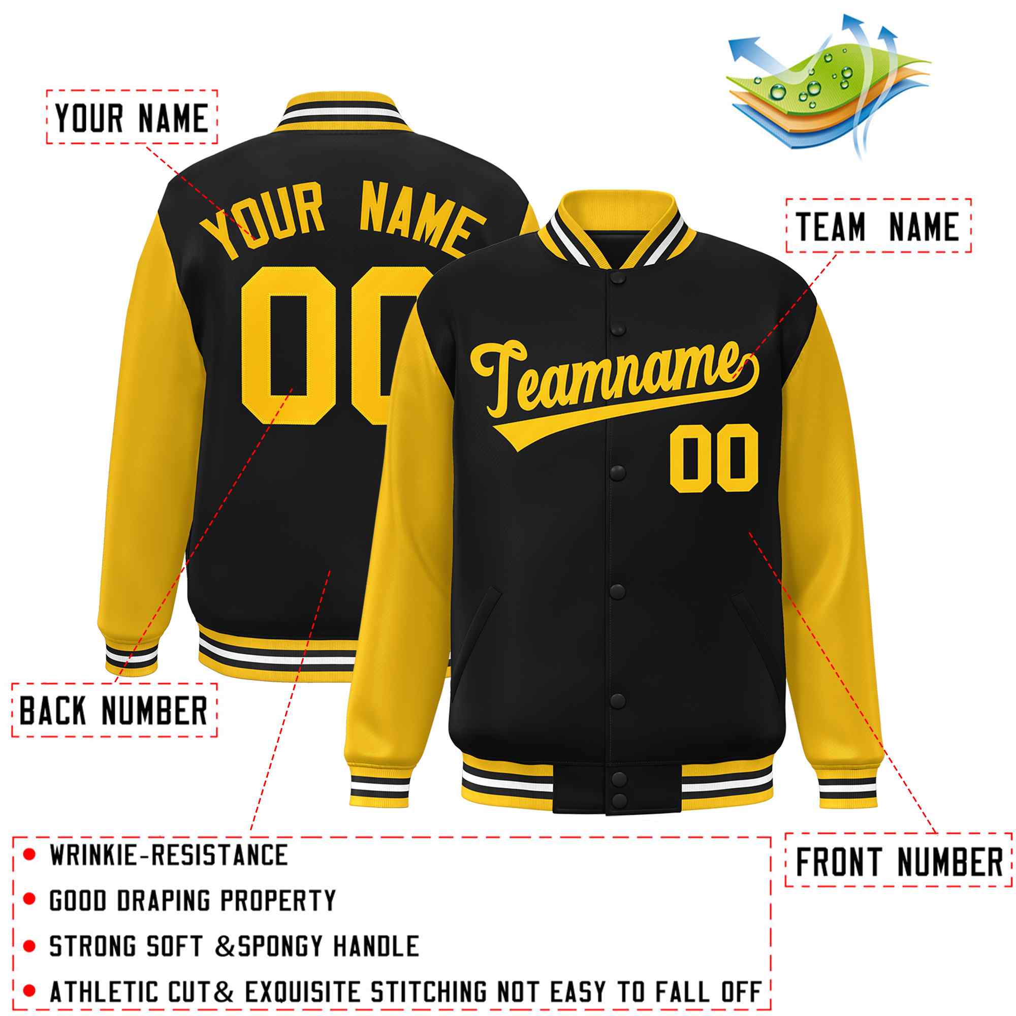 Custom Black Gold Raglan Sleeves Varsity Full-Snap Letterman Jacket