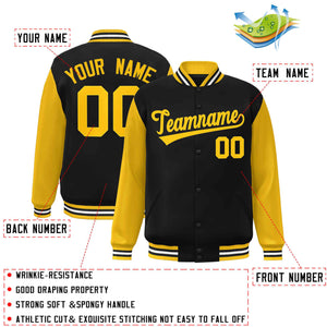 Custom Black Gold Raglan Sleeves Varsity Full-Snap Letterman Jacket