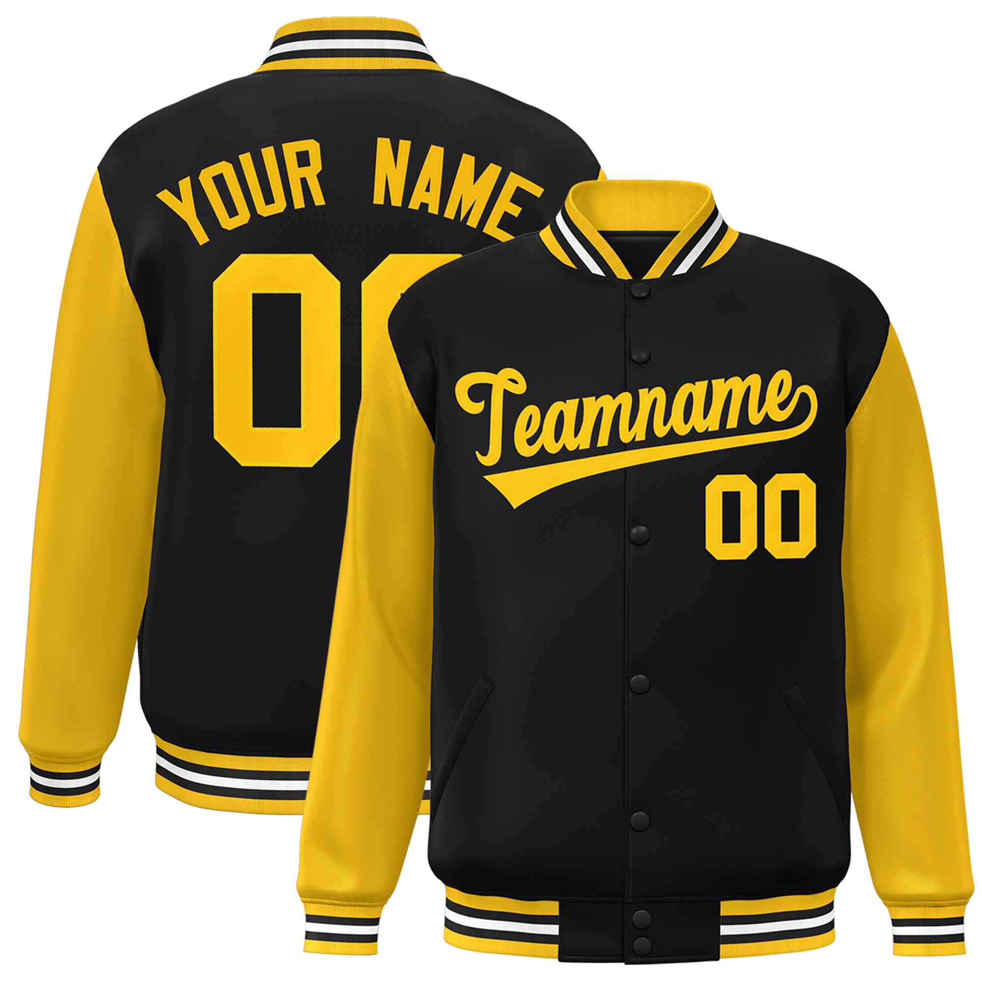 Custom Black Gold Raglan Sleeves Varsity Full-Snap Letterman Jacket