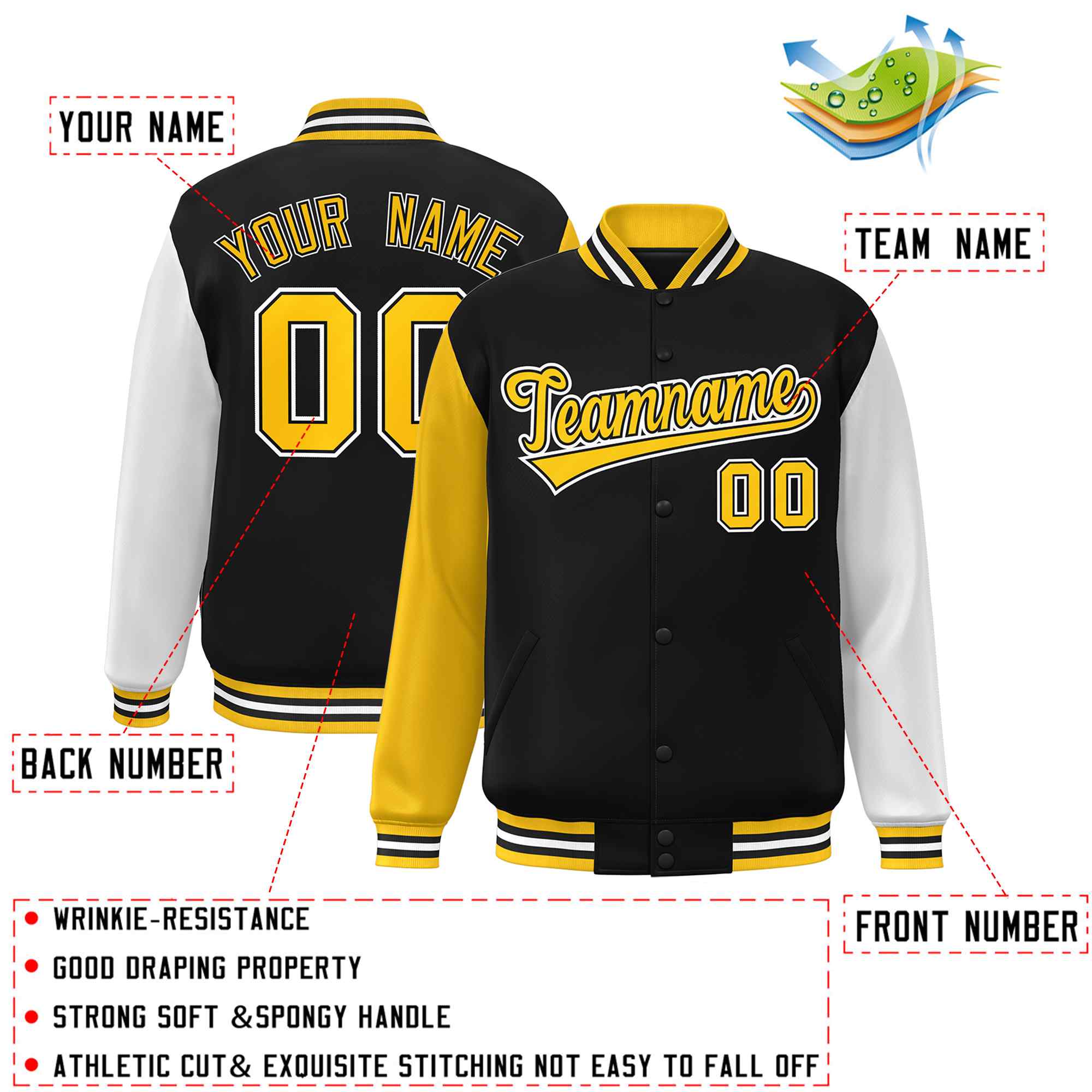 Custom Black Gold-Black Raglan Sleeves Varsity Full-Snap Letterman Jacket