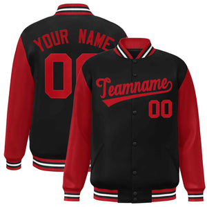 Custom Black Red Raglan Sleeves Varsity Full-Snap Letterman Jacket