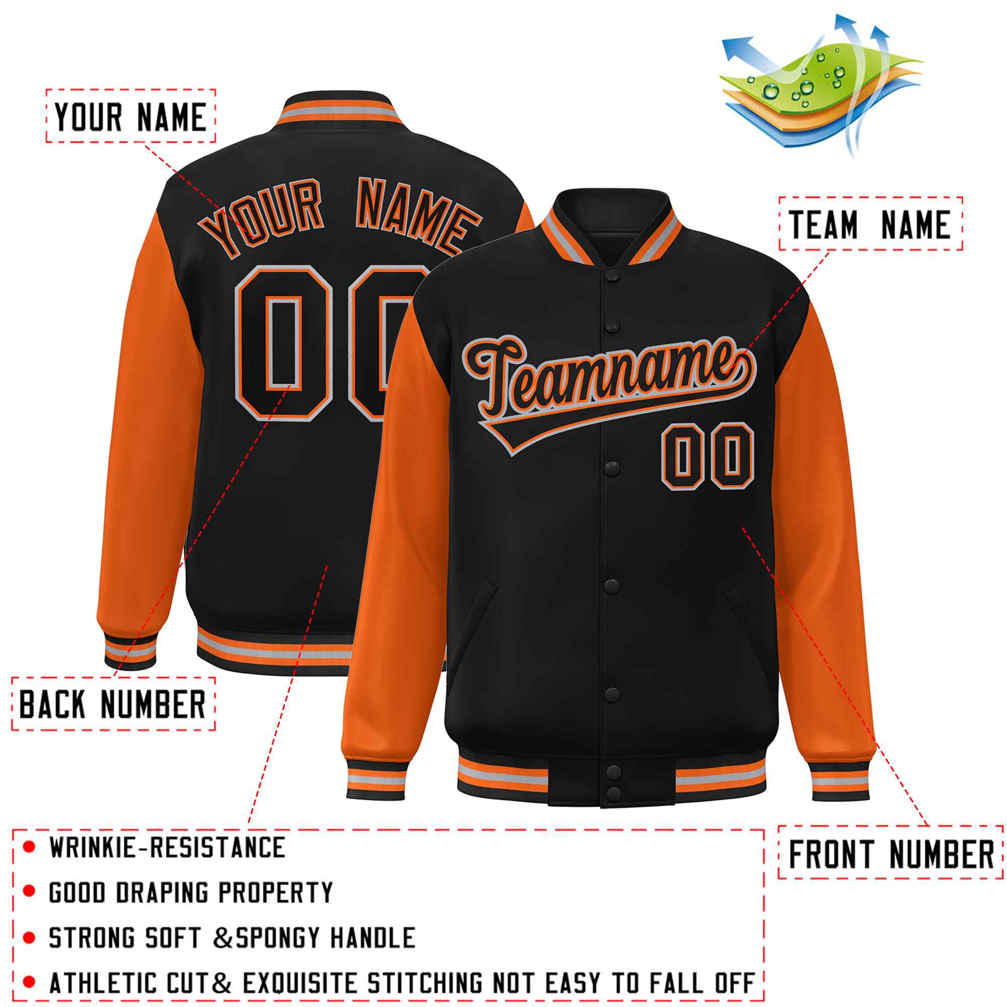 Veste Letterman Varsity Full-Snap à manches raglan noires et orange personnalisées