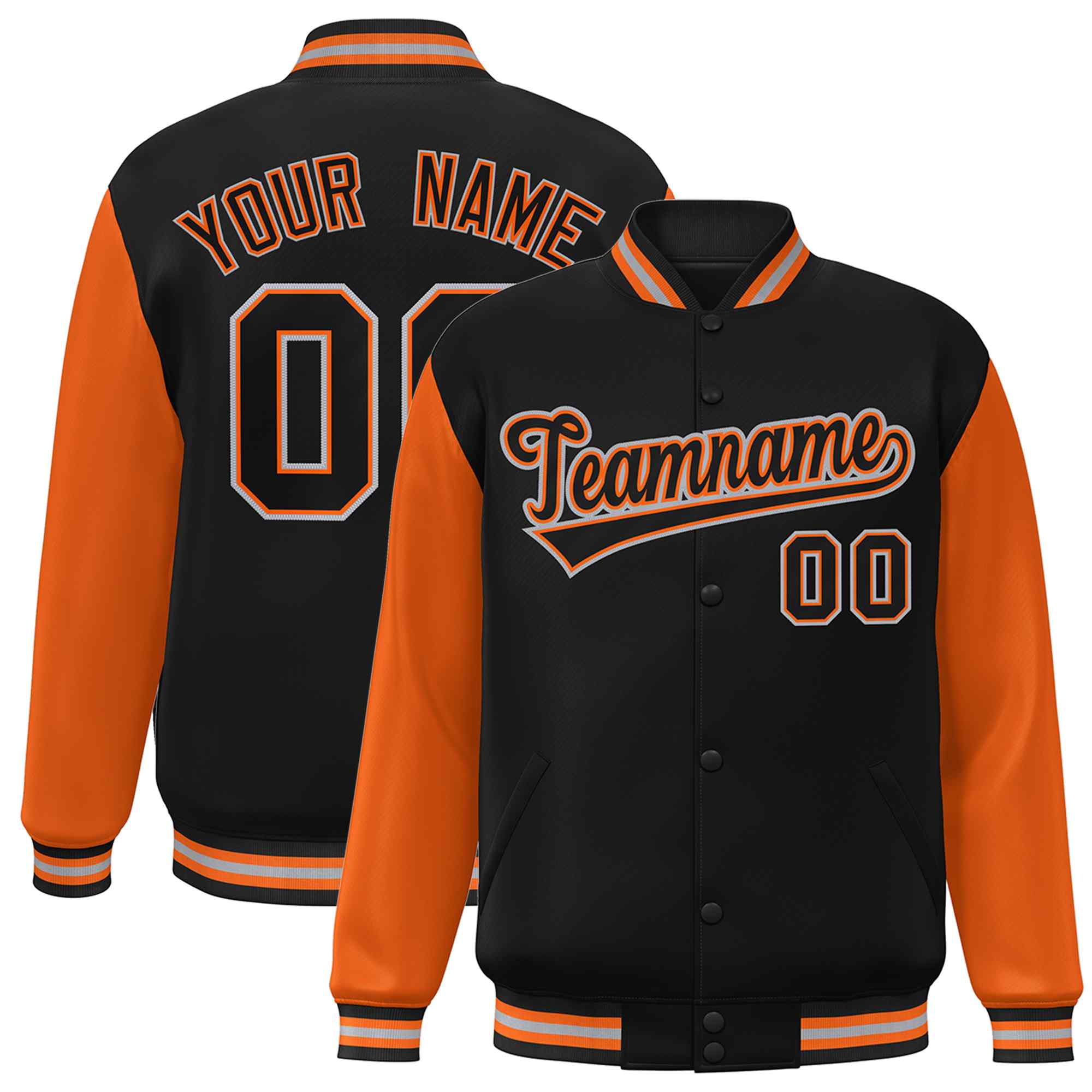 Veste Letterman Varsity Full-Snap à manches raglan noires et orange personnalisées