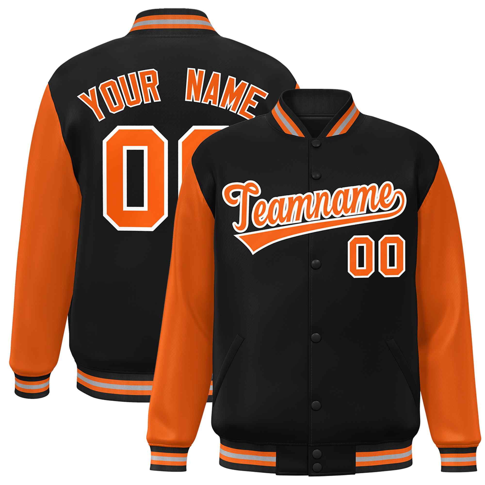 Veste Letterman Varsity Full-Snap personnalisée à manches raglan noir orange-blanc