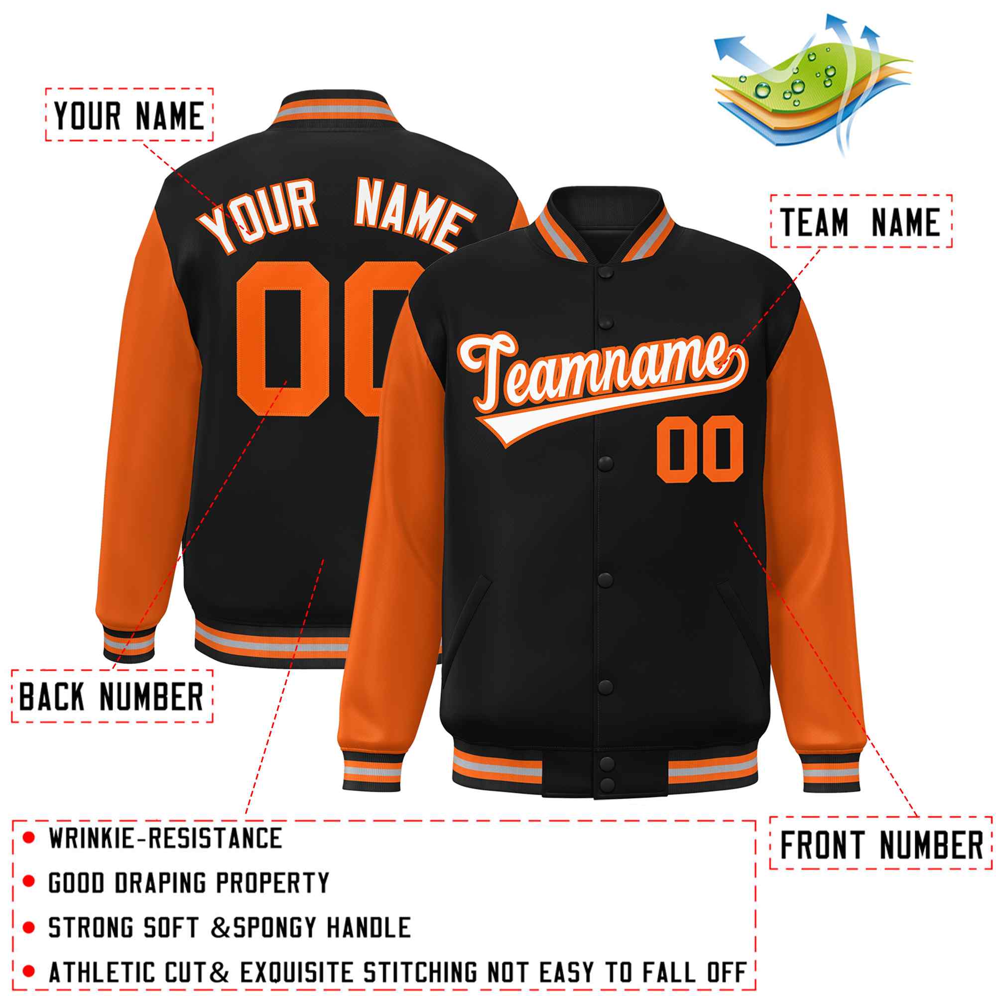 Custom Black White-Orange Raglan Sleeves Varsity Full-Snap Letterman Jacket