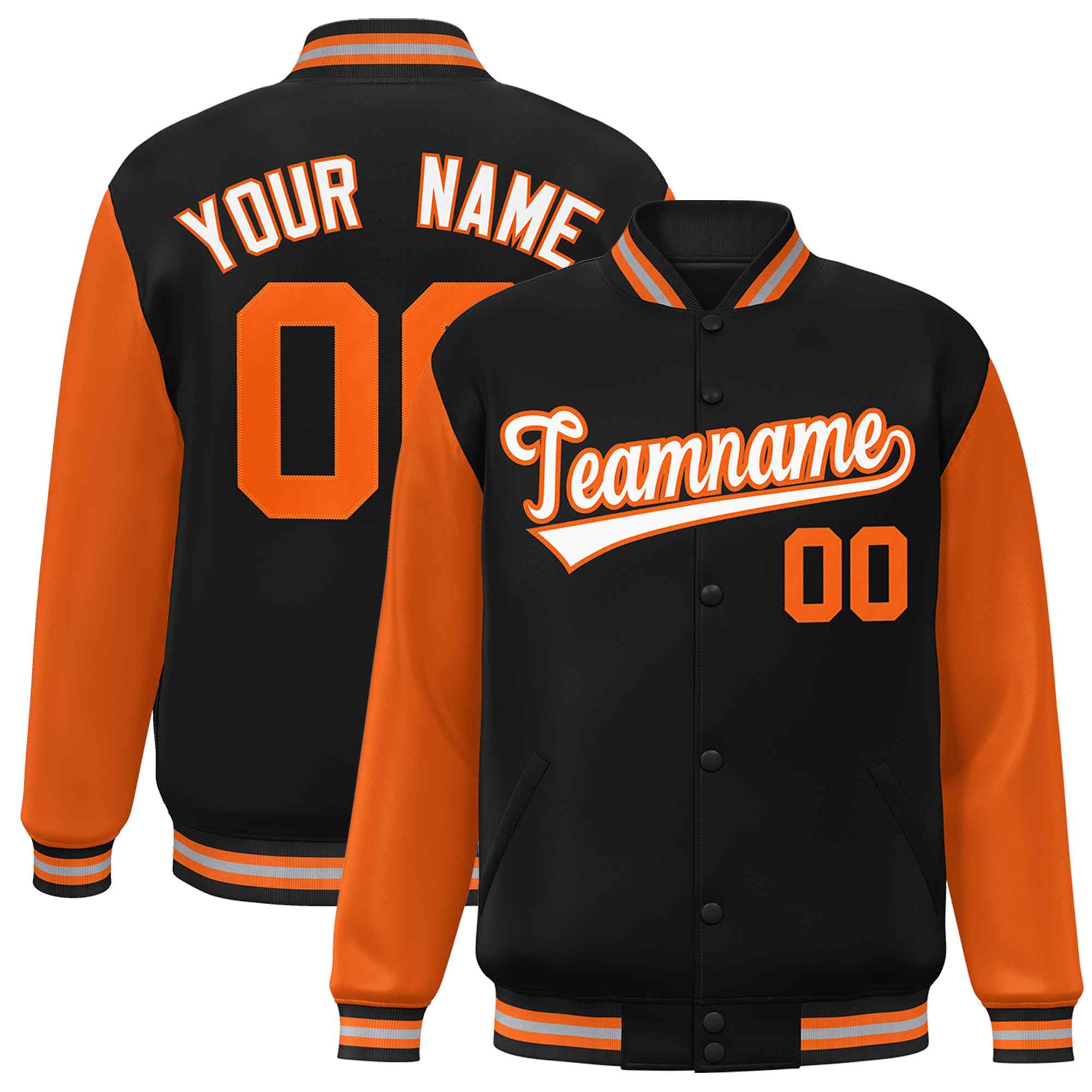 Custom Black White-Orange Raglan Sleeves Varsity Full-Snap Letterman Jacket