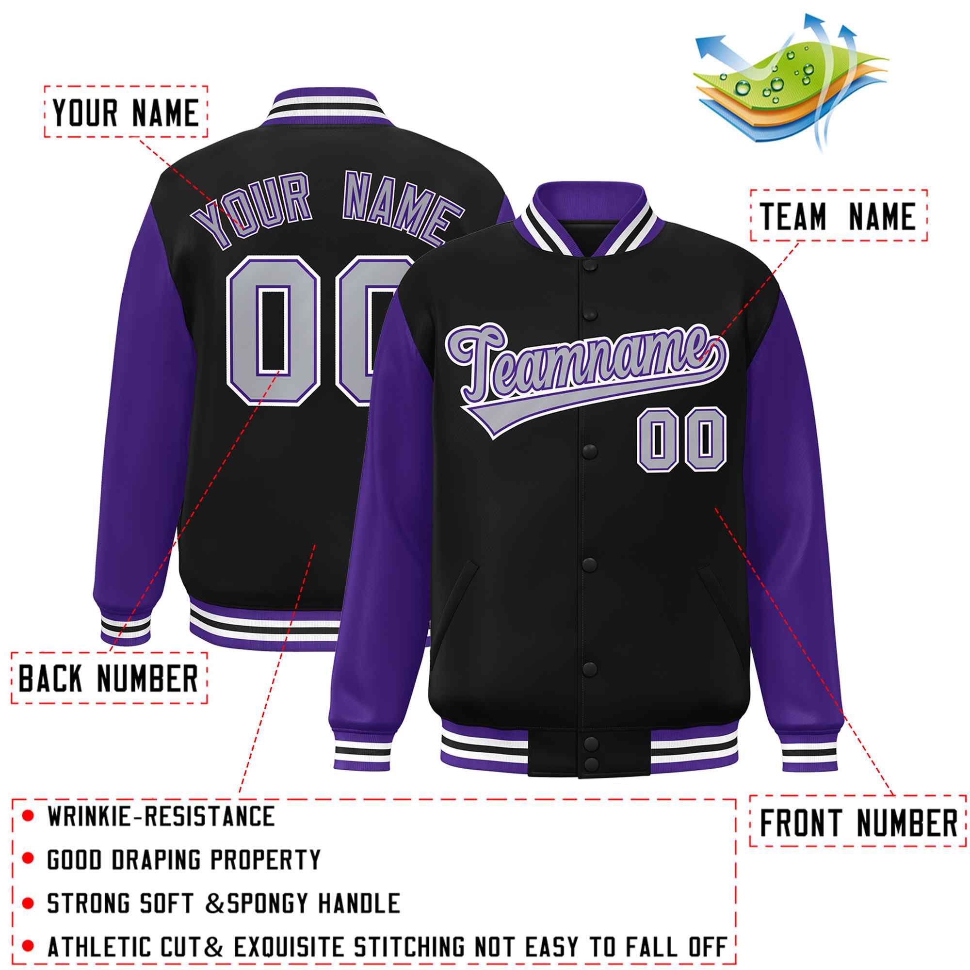 Custom Black Gray-Purple Raglan Sleeves Varsity Full-Snap Letterman Jacket