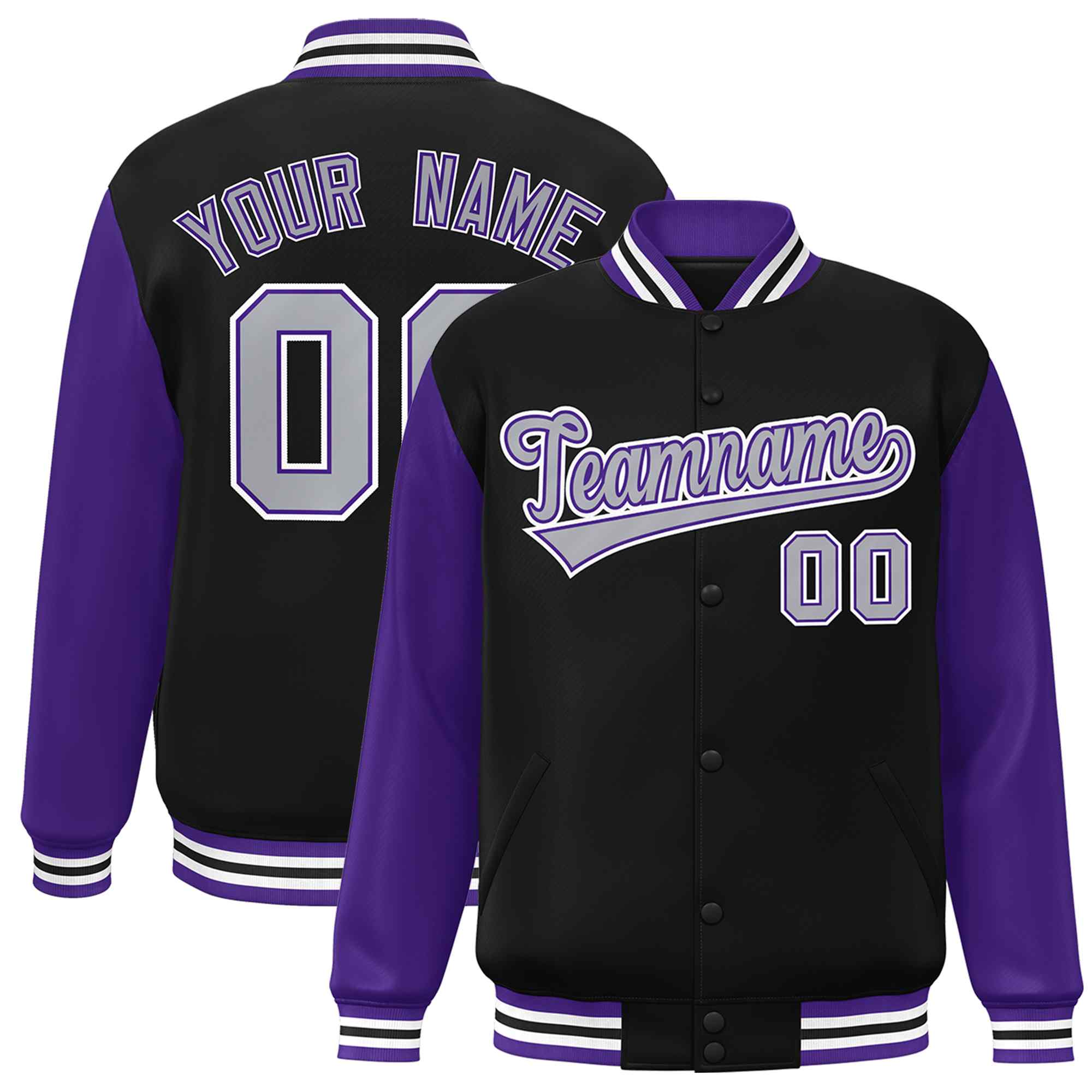 Custom Black Gray-Purple Raglan Sleeves Varsity Full-Snap Letterman Jacket