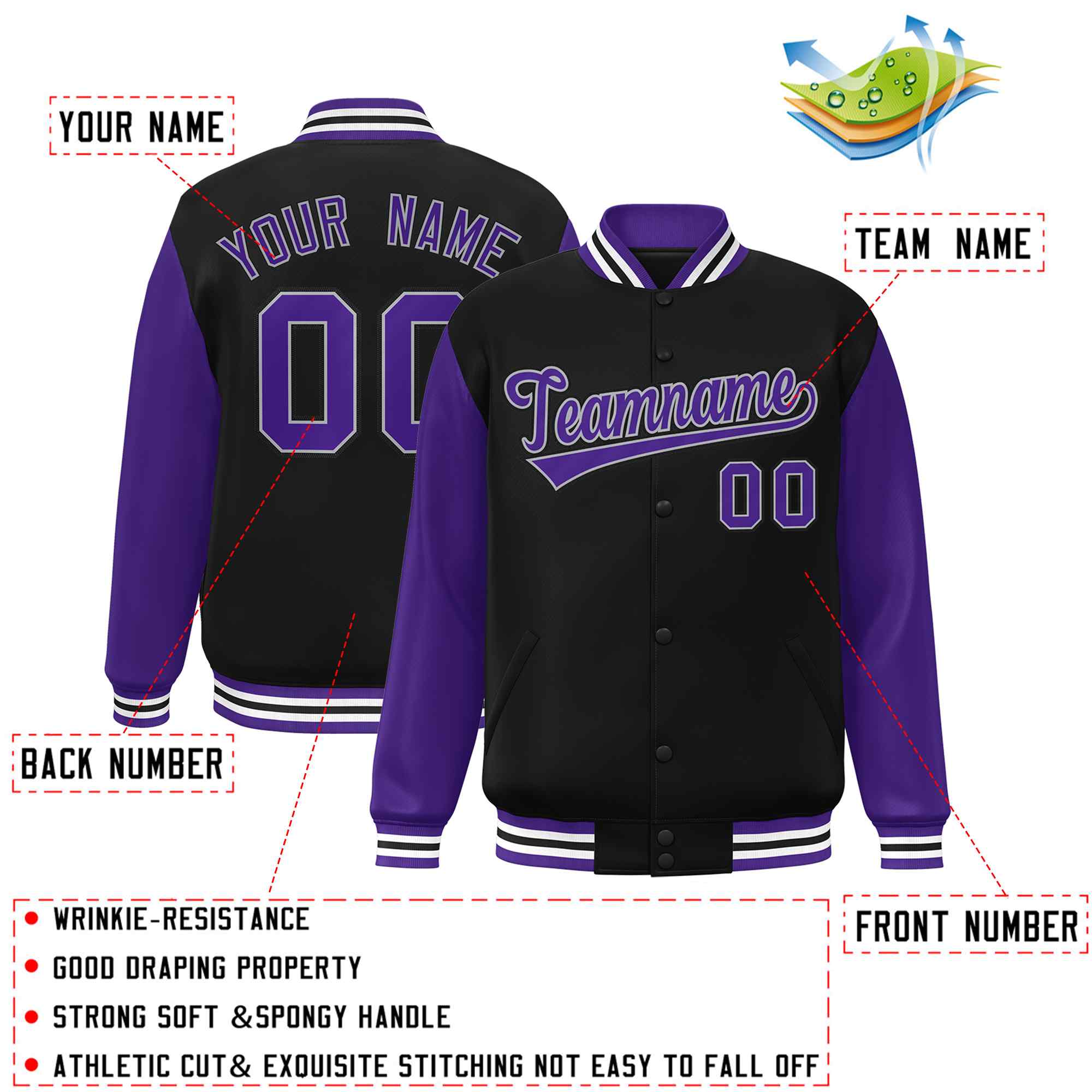 Veste Letterman Varsity Full-Snap à manches raglan personnalisées noir violet-blanc