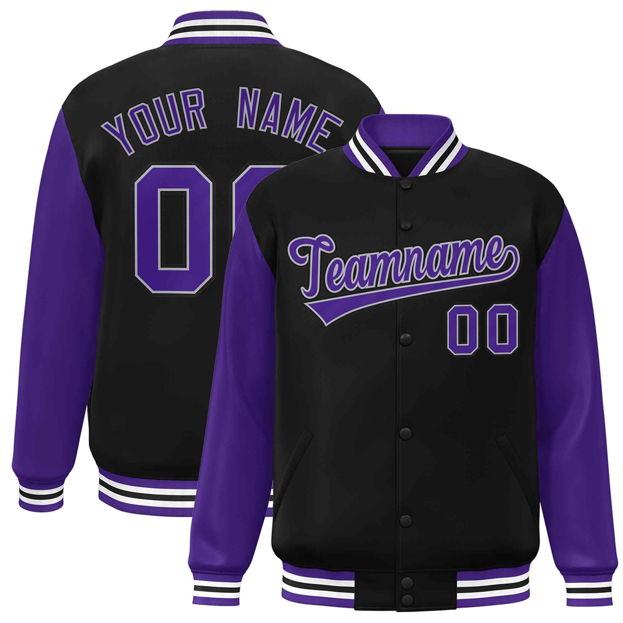 Veste Letterman Varsity Full-Snap à manches raglan personnalisées noir violet-blanc