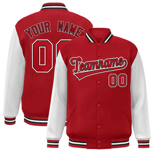 Veste Letterman Varsity Full-Snap à manches raglan rouge-noir personnalisée