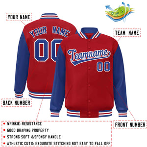 Veste Letterman Varsity Full-Snap à manches raglan rouge royal-blanc personnalisée