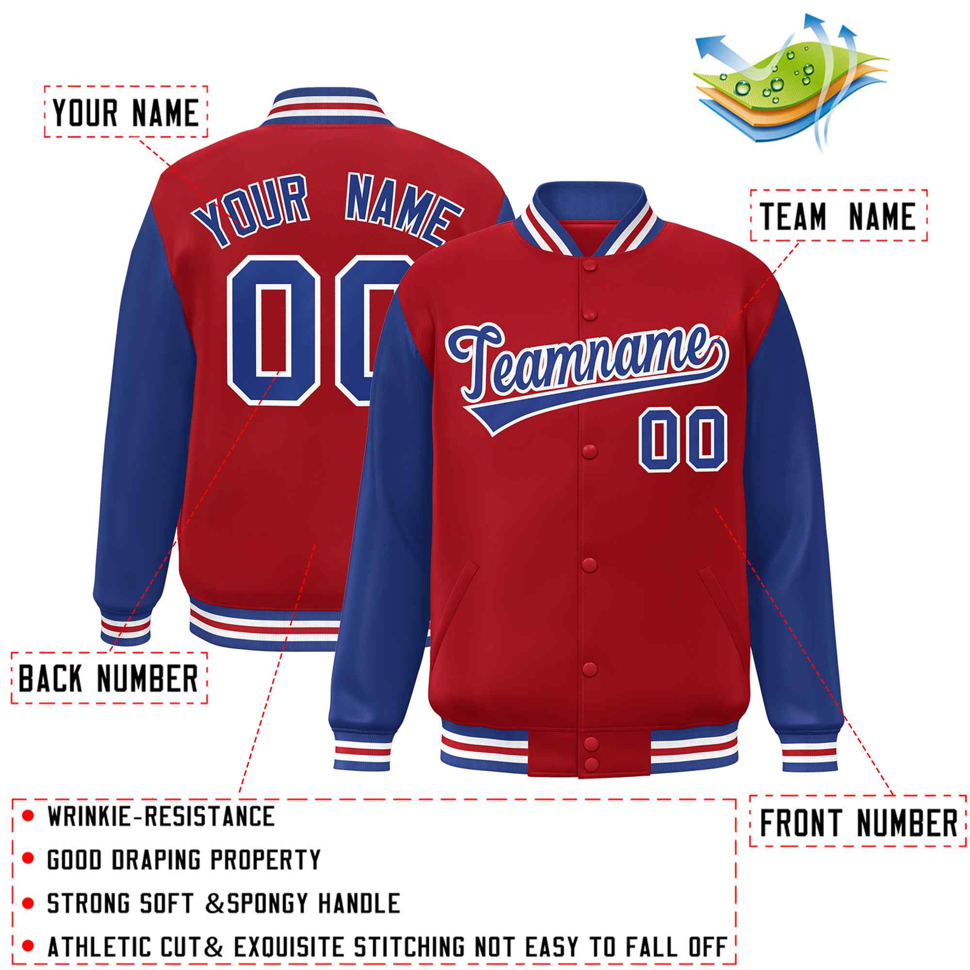 custom red and royal blue varstiy full-snap baseball batting jacket
