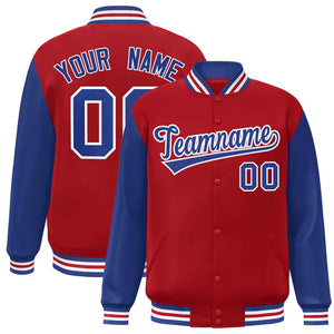 Veste Letterman Varsity Full-Snap à manches raglan rouge royal-blanc personnalisée