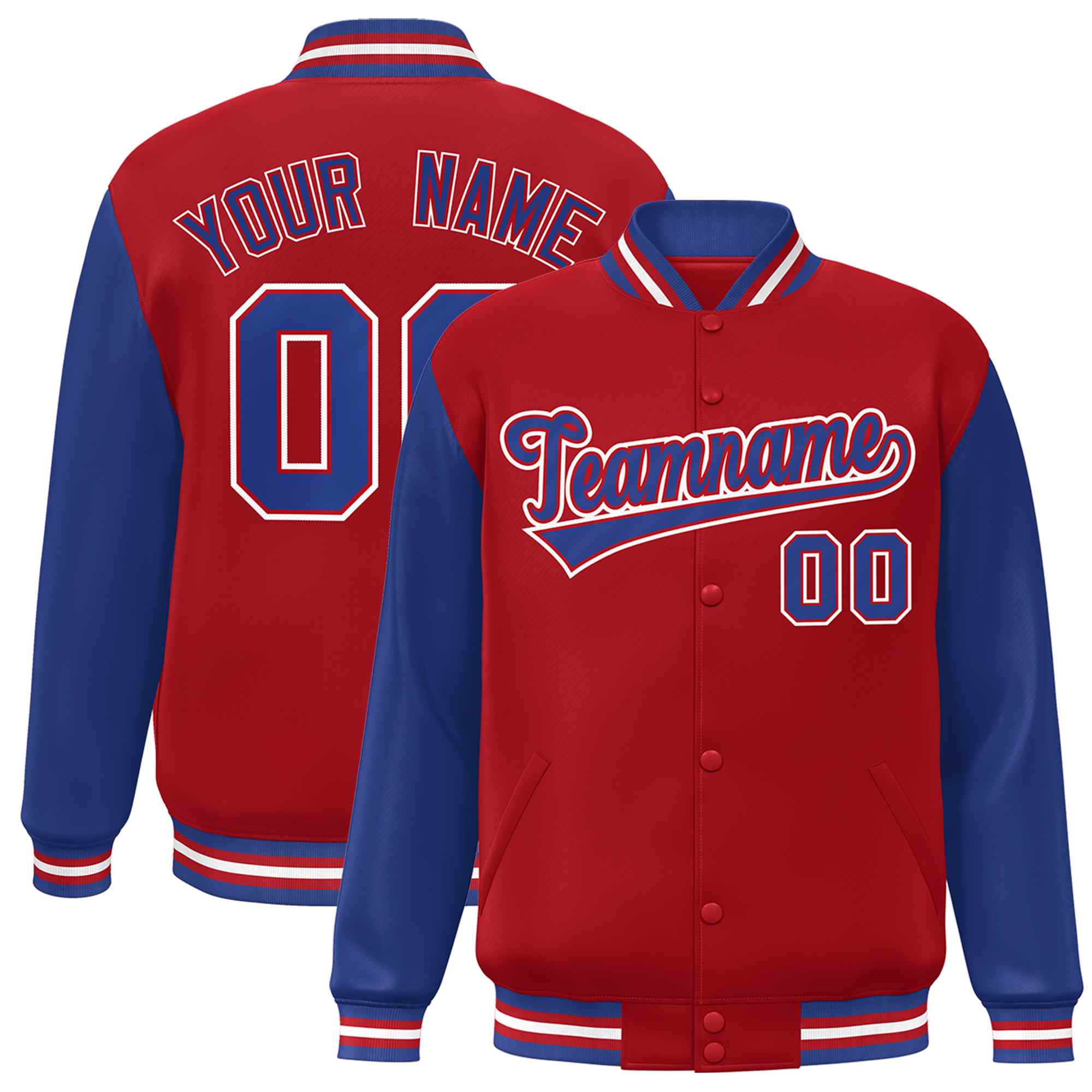 Custom Red Royal-Red Raglan Sleeves Varsity Full-Snap Letterman Jacket