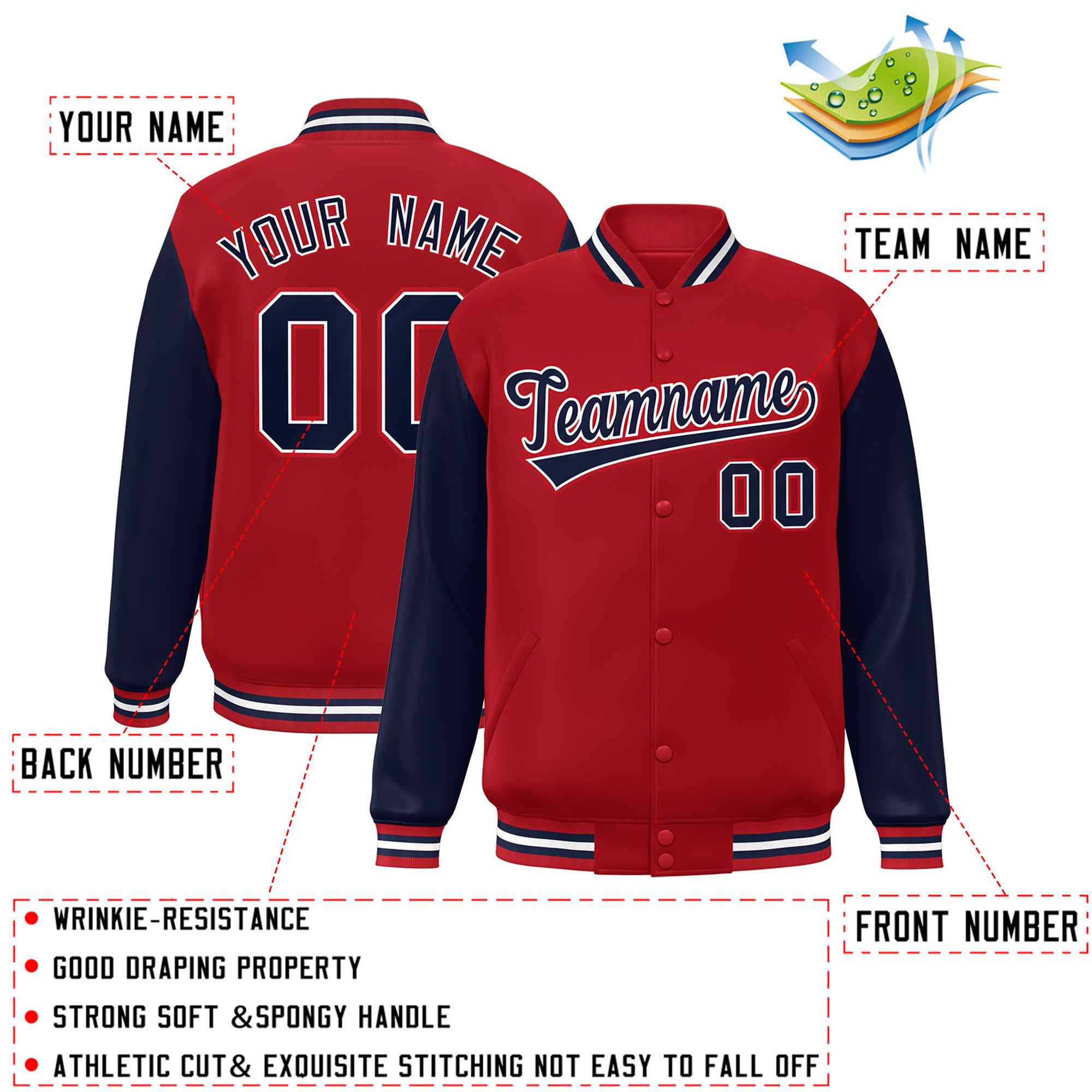 Veste Letterman Varsity Full-Snap à manches raglan rouge marine-blanc personnalisée