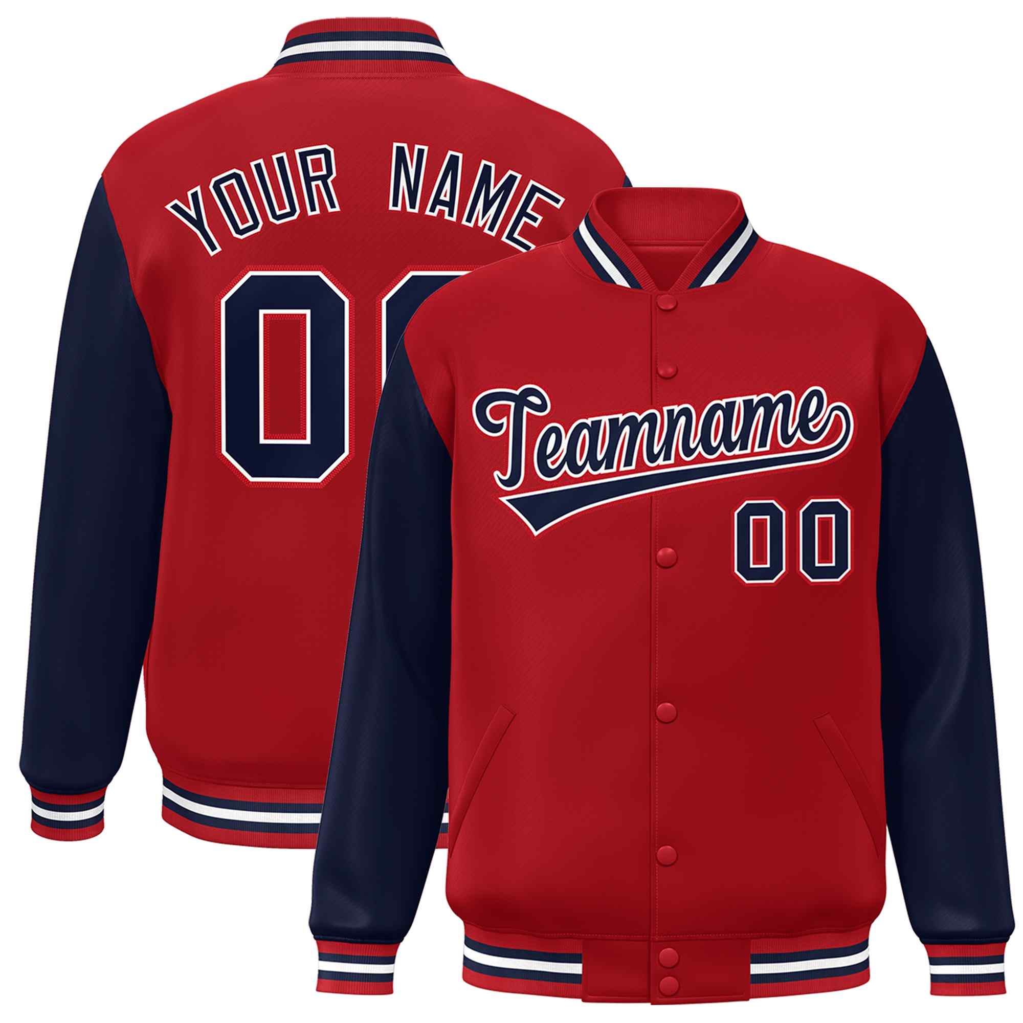 Veste Letterman Varsity Full-Snap à manches raglan rouge marine-blanc personnalisée