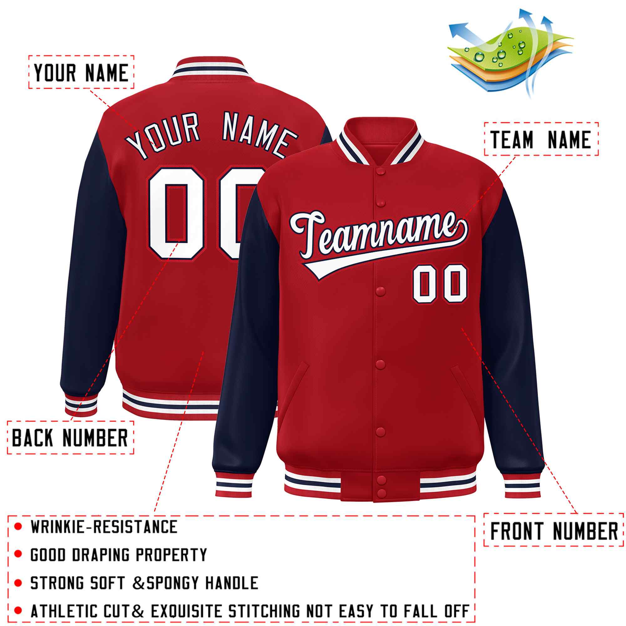 Custom Red White-Navy Raglan Sleeves Varsity Full-Snap Letterman Jacket