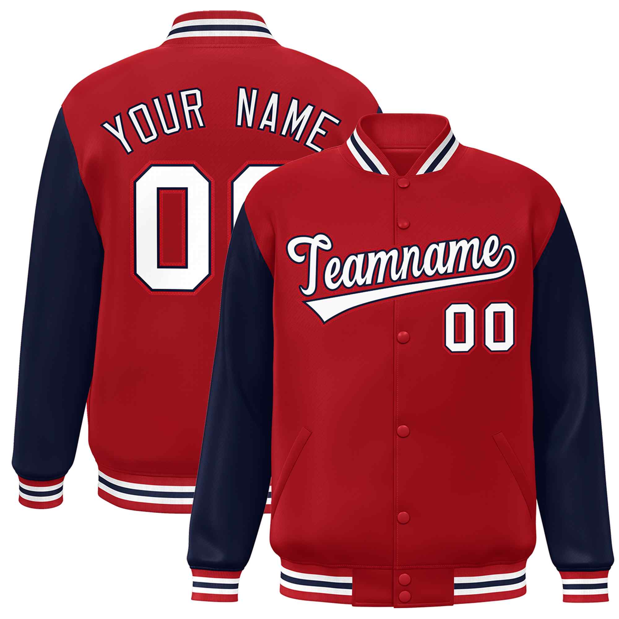 Custom Red White-Navy Raglan Sleeves Varsity Full-Snap Letterman Jacket