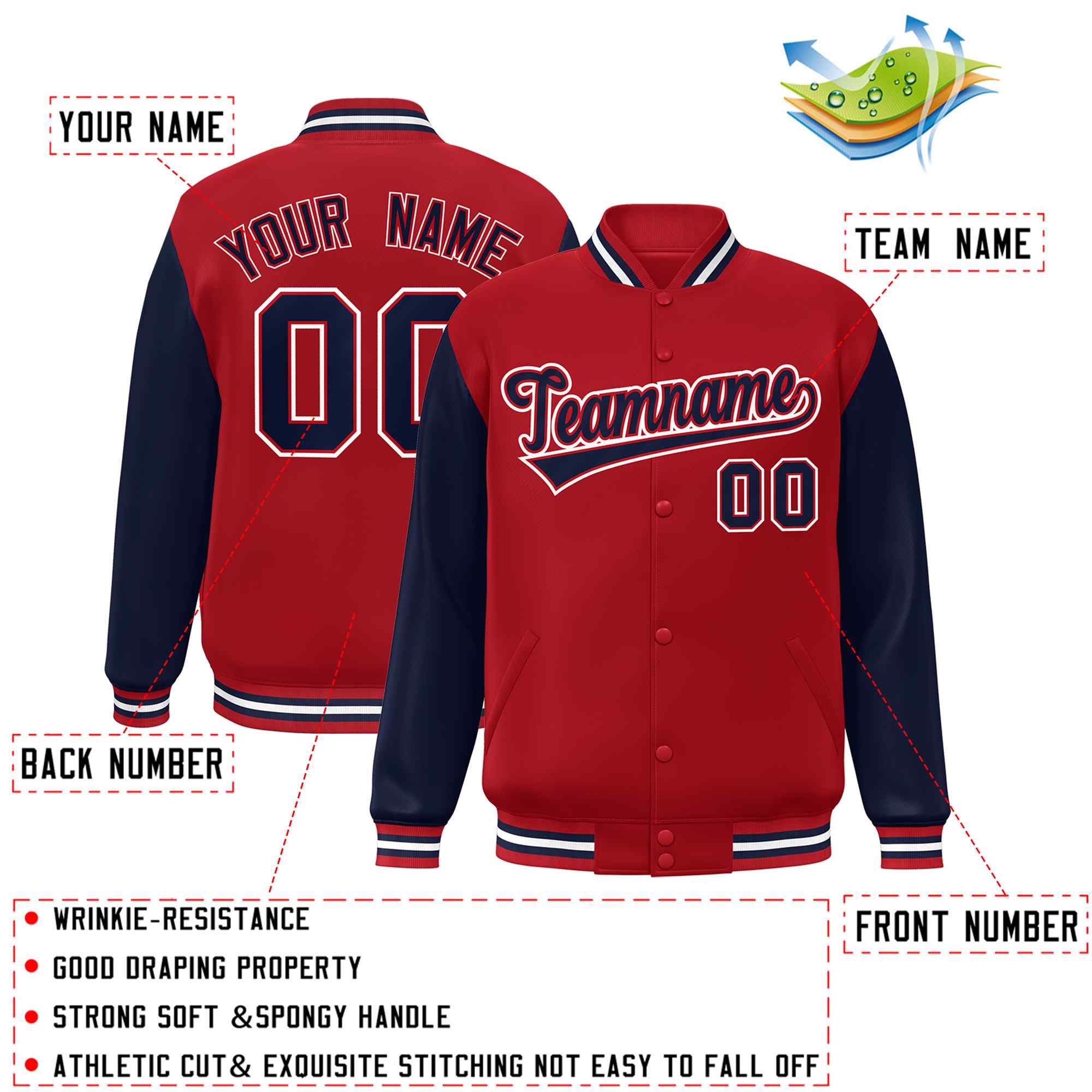 Veste Letterman Varsity Full-Snap à manches Raglan rouge personnalisée