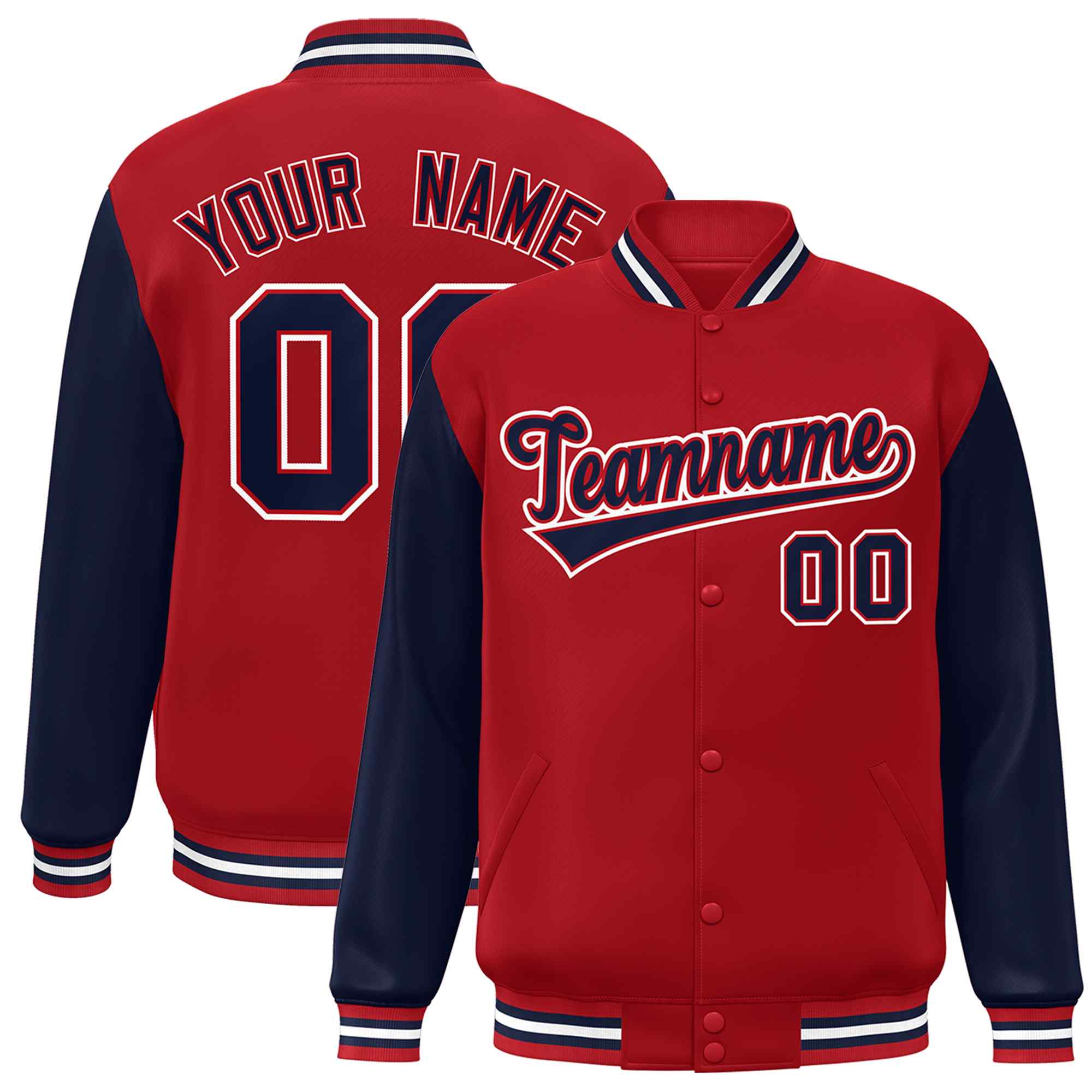 Veste Letterman Varsity Full-Snap à manches Raglan rouge personnalisée