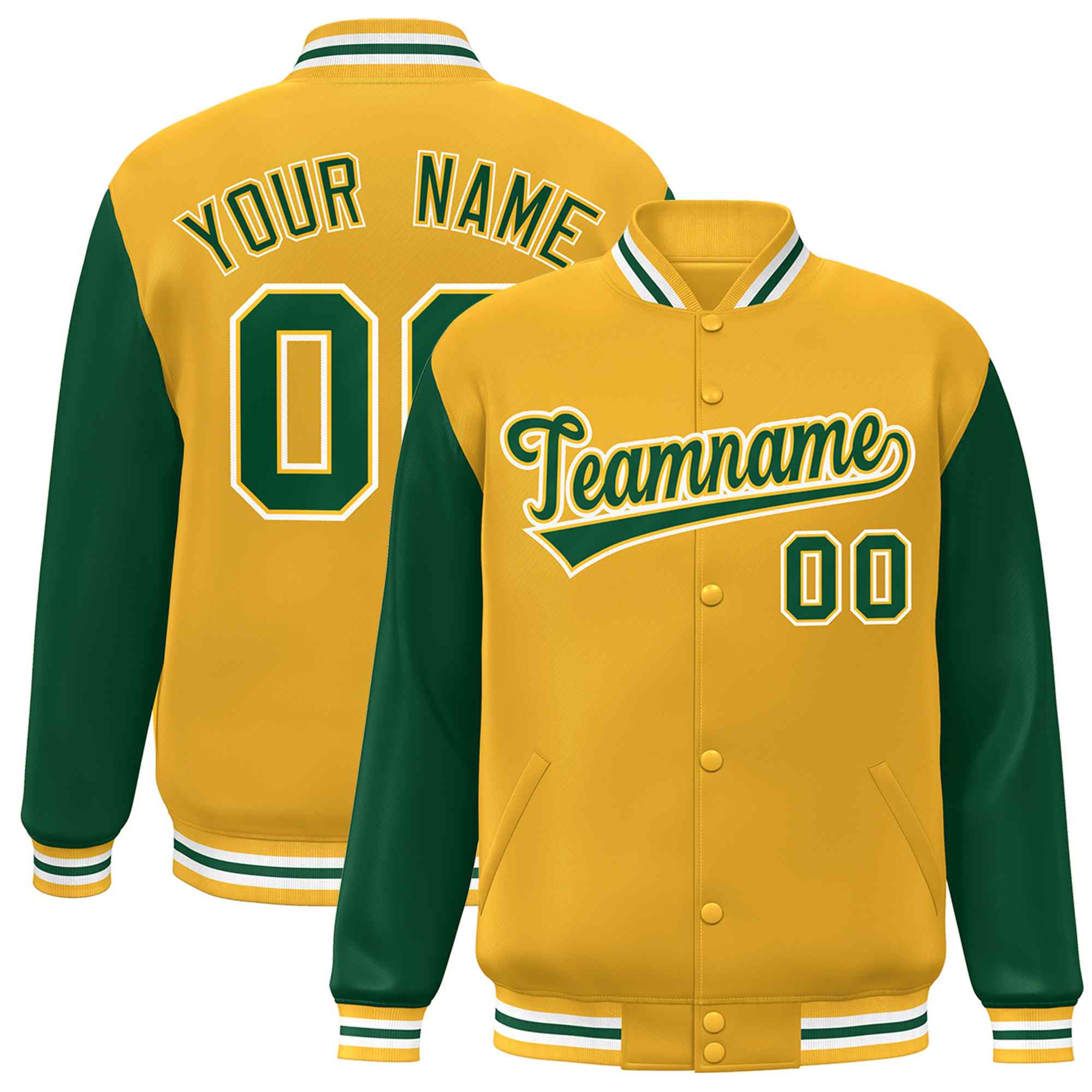 Custom Gold Green-Gold Raglan Sleeves Varsity Full-Snap Letterman Jacket