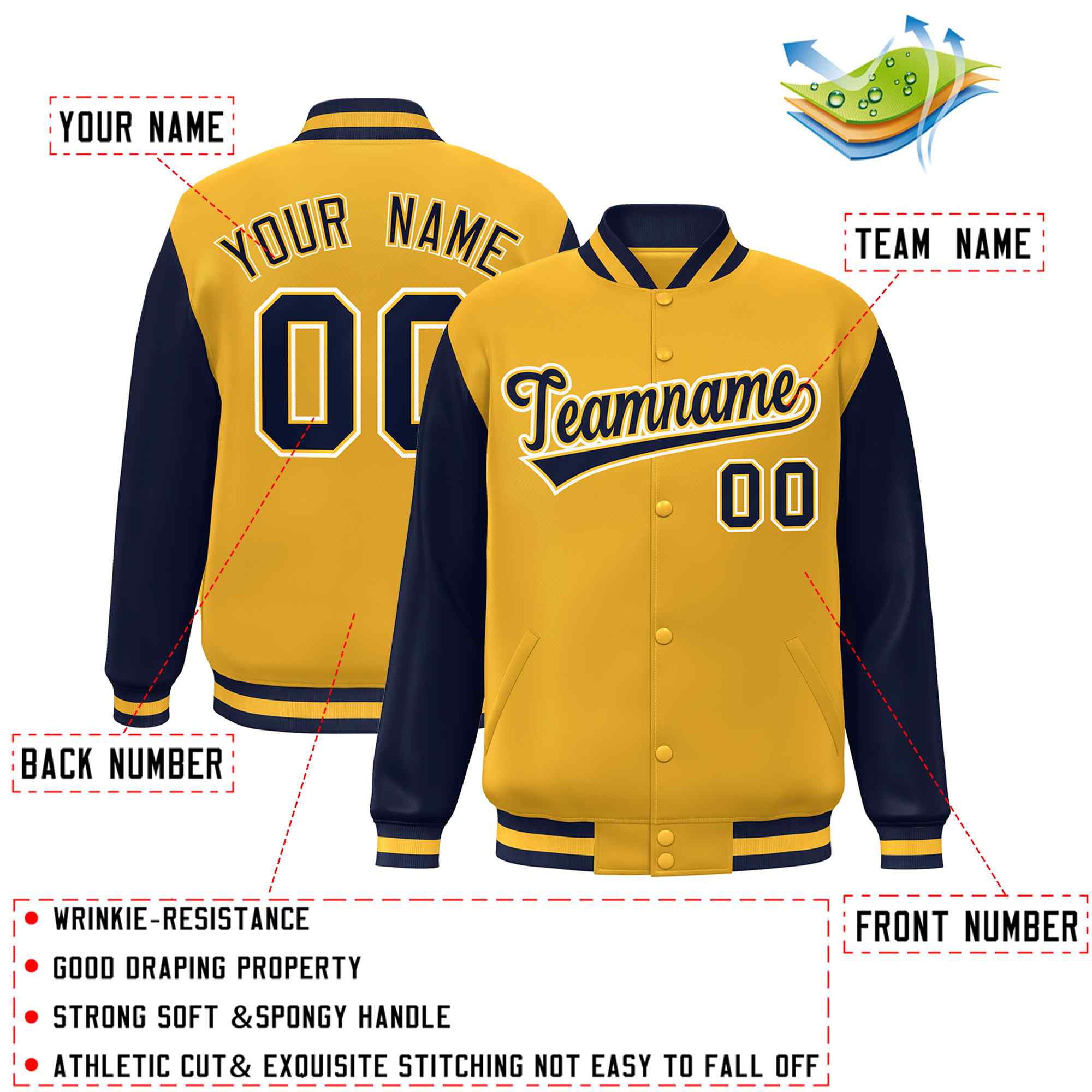 Custom Gold Navy-Gold Raglan Sleeves Varsity Full-Snap Letterman Jacket