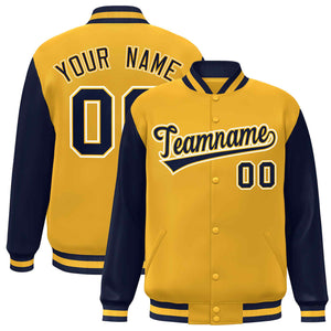 Custom Gold Navy-Gold Raglan Sleeves Varsity Full-Snap Letterman Jacket