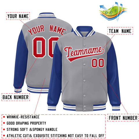 personalized grey and royal blue varsity full-snap baseball jacket for school