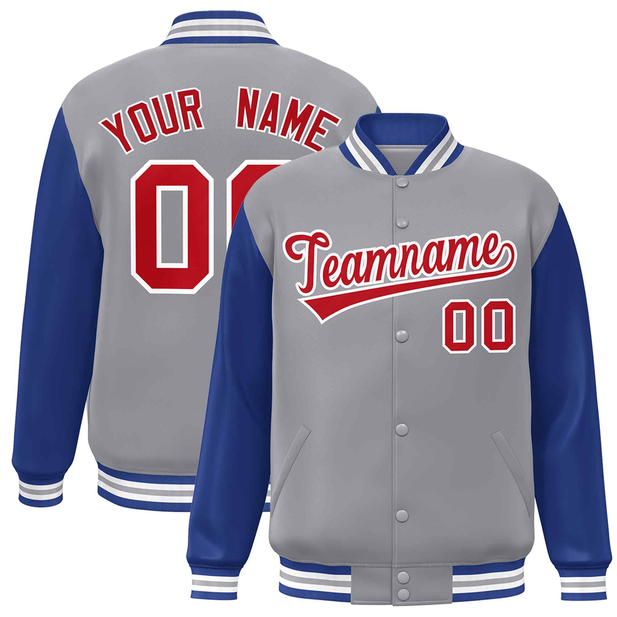 custom grey and royal blue varsity full-snap baseball jacket