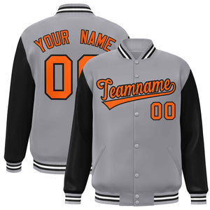 Veste Letterman Varsity Full-Snap à manches raglan gris orange-noir personnalisée