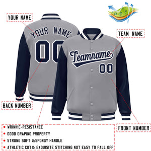 Custom Gray Navy-Gray Raglan Sleeves Varsity Full-Snap Letterman Jacket