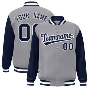 Custom Gray Navy-Gray Raglan Sleeves Varsity Full-Snap Letterman Jacket