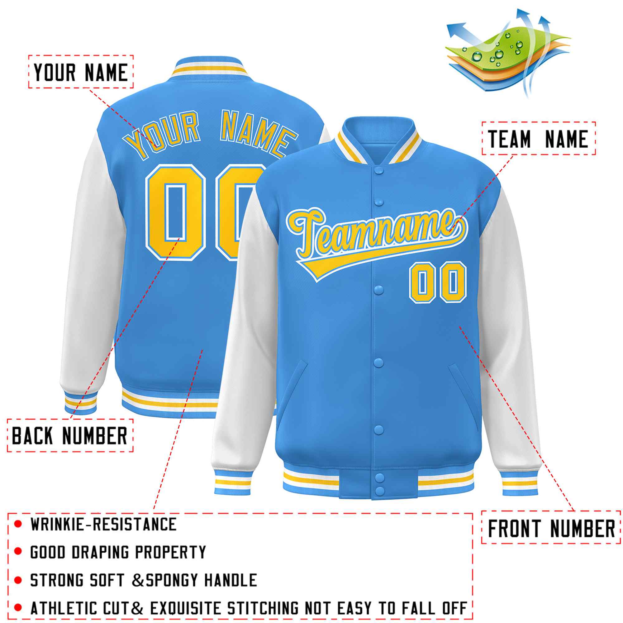 Custom Powder Blue Gold-Powder Blue Raglan Sleeves Varsity Full-Snap Letterman Jacket