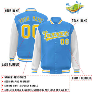 Custom Powder Blue Gold-Powder Blue Raglan Sleeves Varsity Full-Snap Letterman Jacket