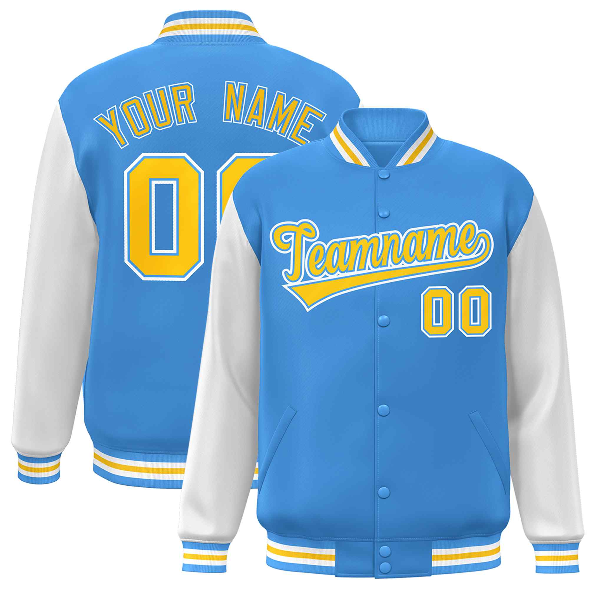 Custom Powder Blue Gold-Powder Blue Raglan Sleeves Varsity Full-Snap Letterman Jacket