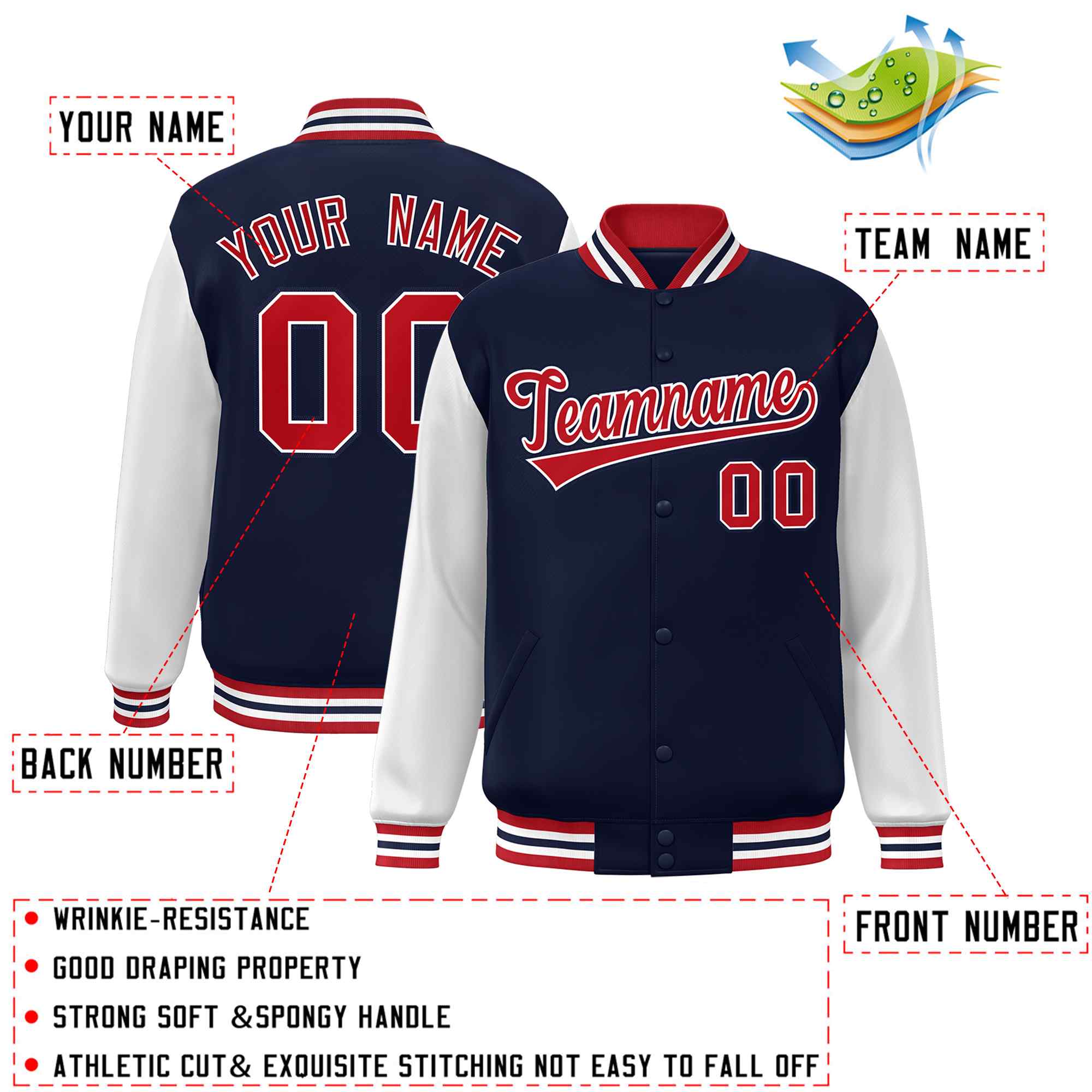 Custom Navy Red-White Raglan Sleeves Varsity Full-Snap Letterman Jacket