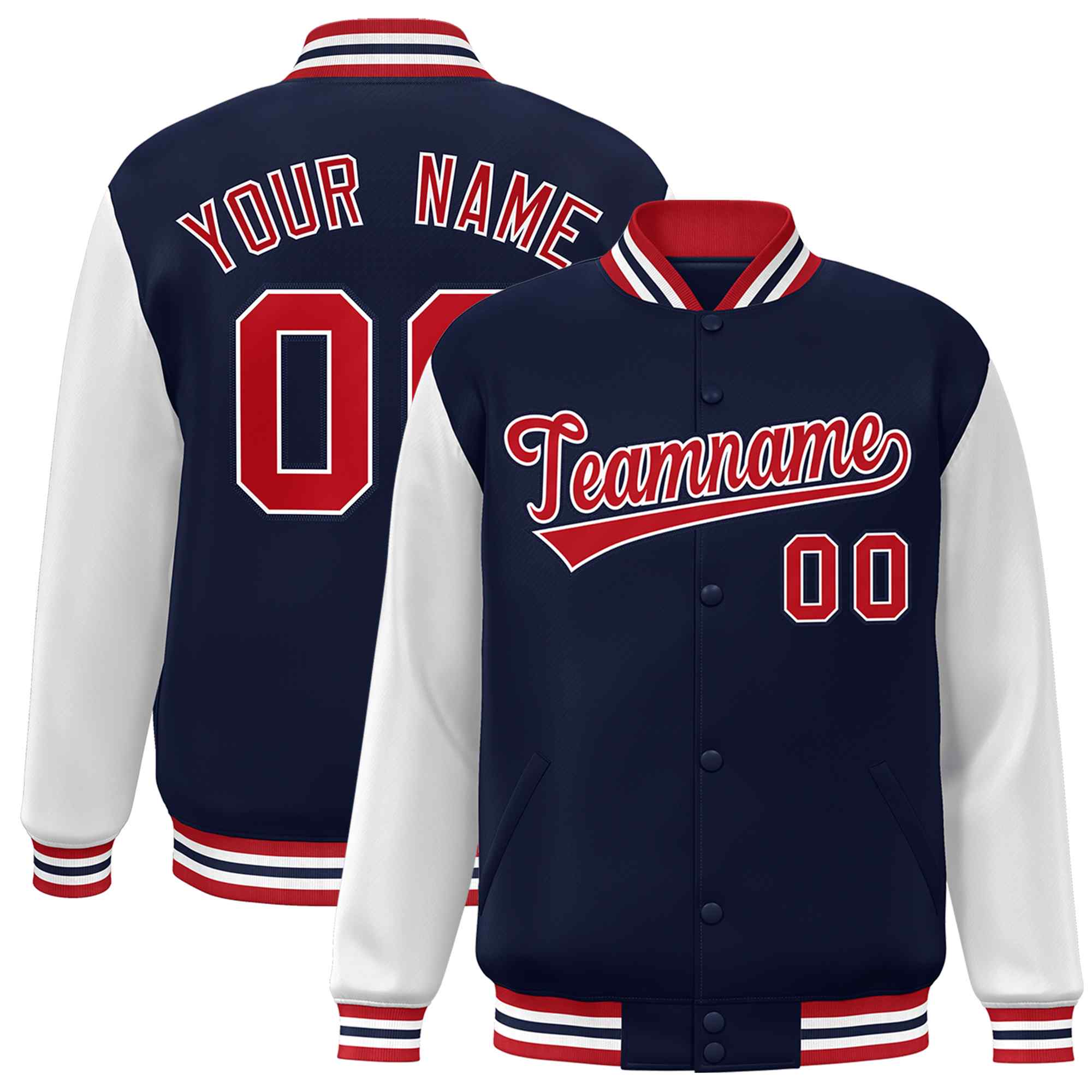 Veste Letterman Varsity Full-Snap à manches raglan personnalisées bleu marine et blanc